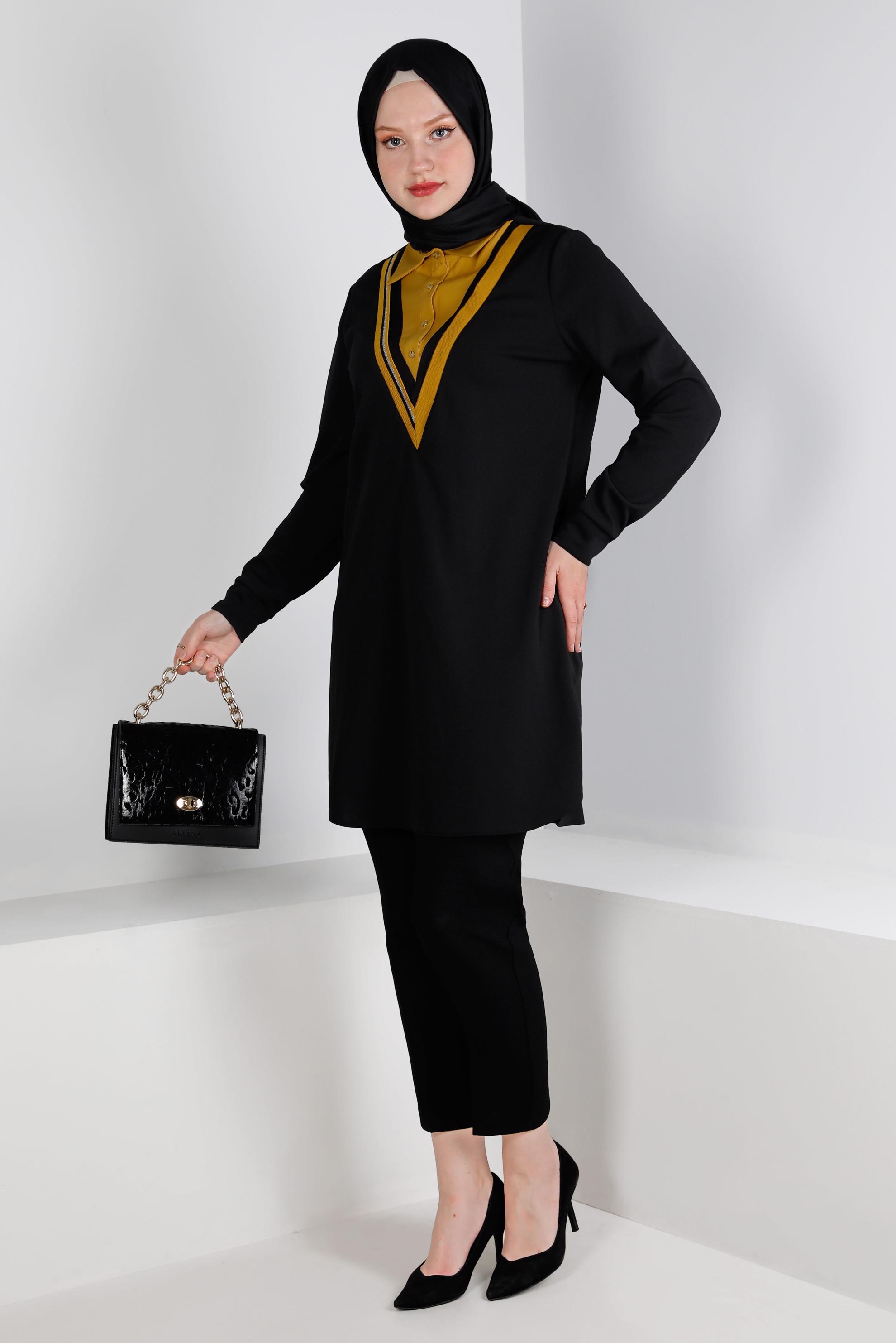 Tesettür giyim SİYAH GÖMLEK YAKA TUNİK 43290