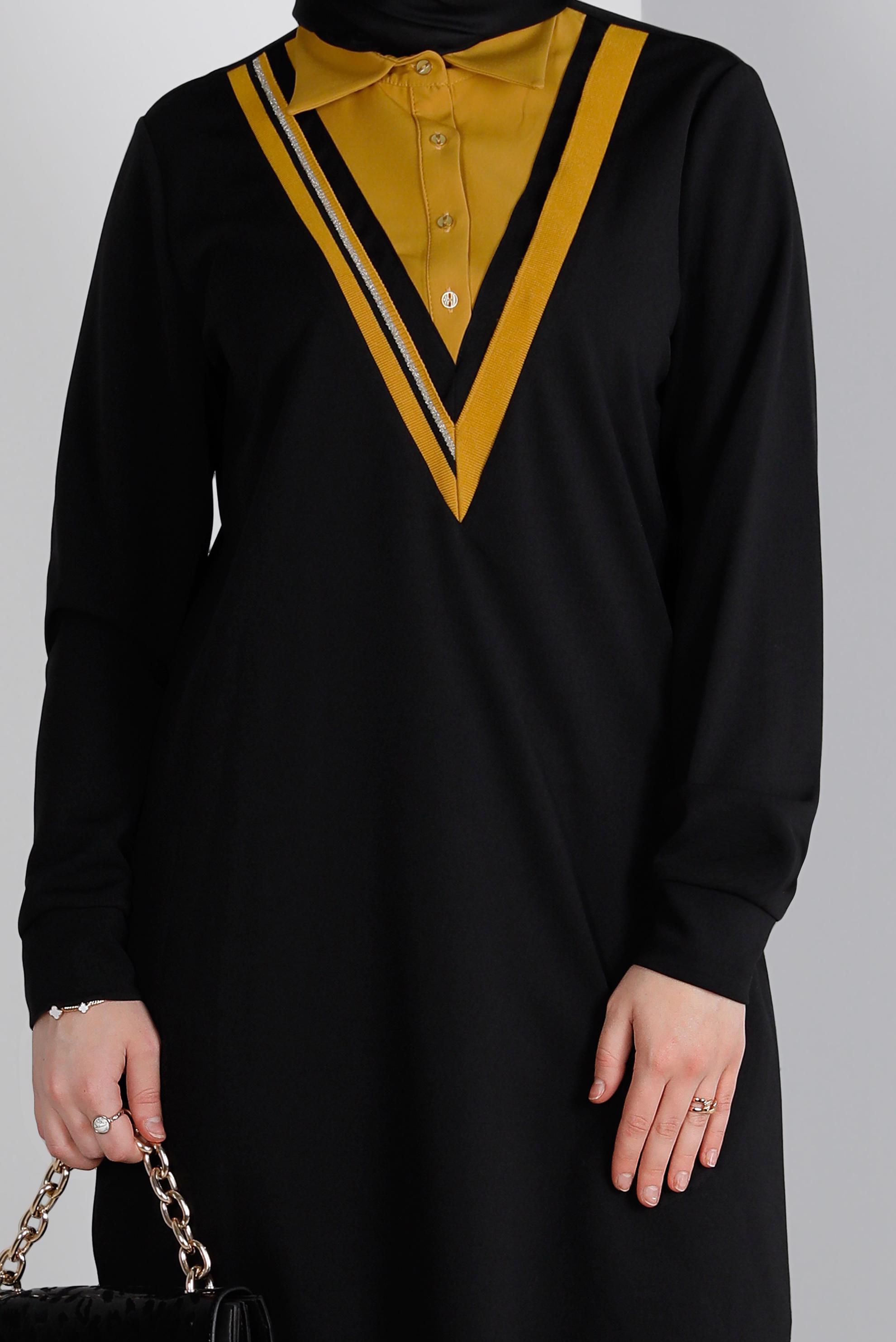 Tesettür giyim SİYAH GÖMLEK YAKA TUNİK 43290