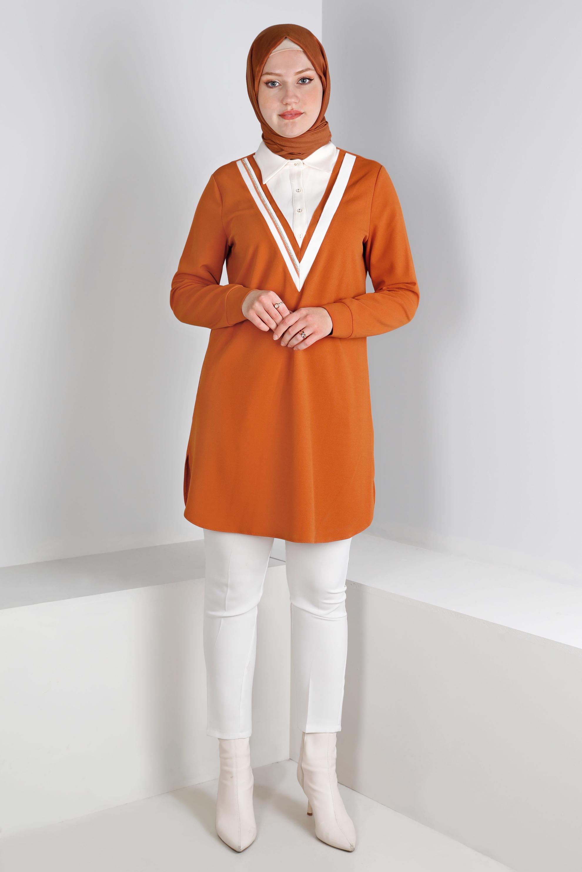 Tesettür giyim TURUNCU GÖMLEK YAKA TUNİK 43290