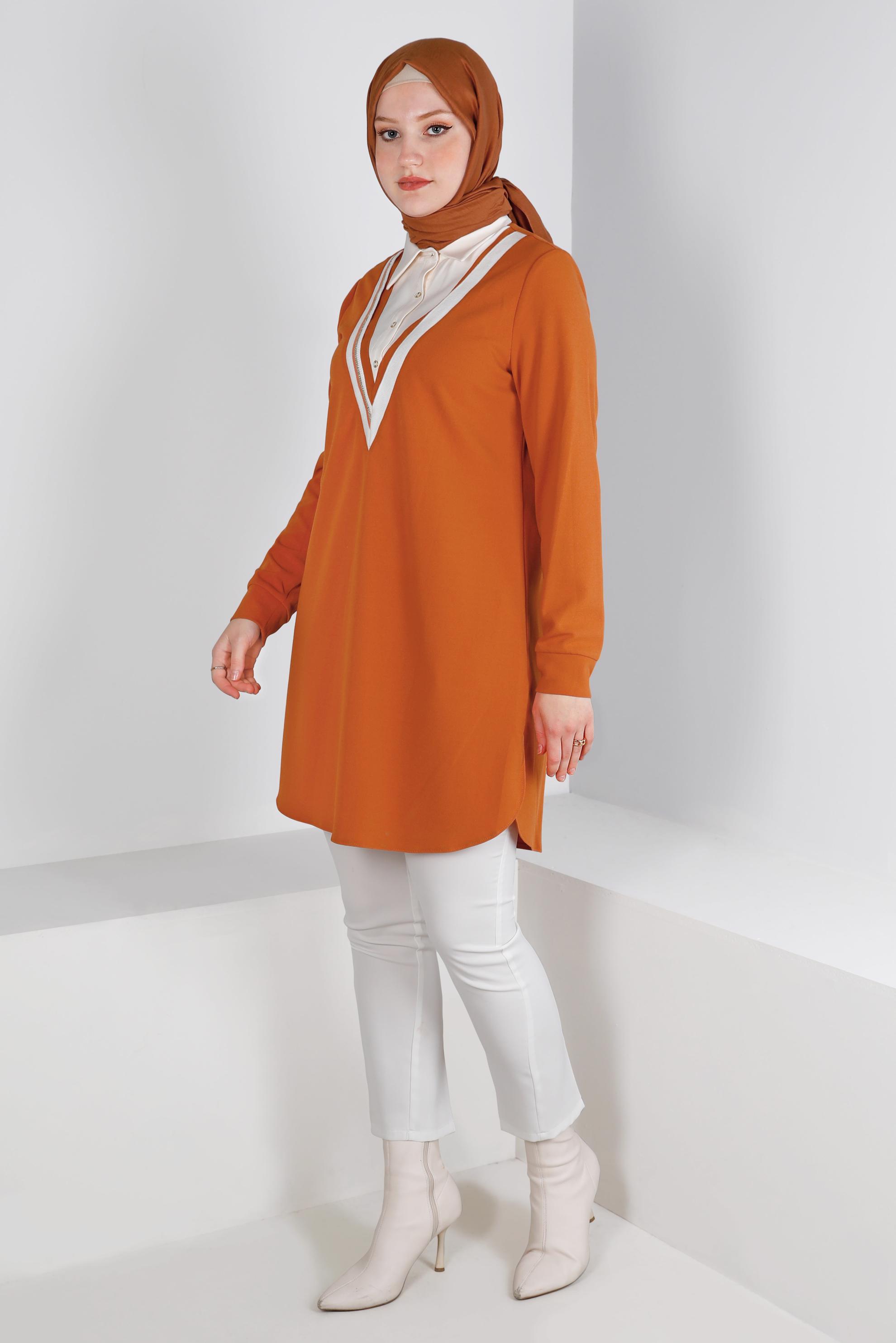 Tesettür giyim TURUNCU GÖMLEK YAKA TUNİK 43290