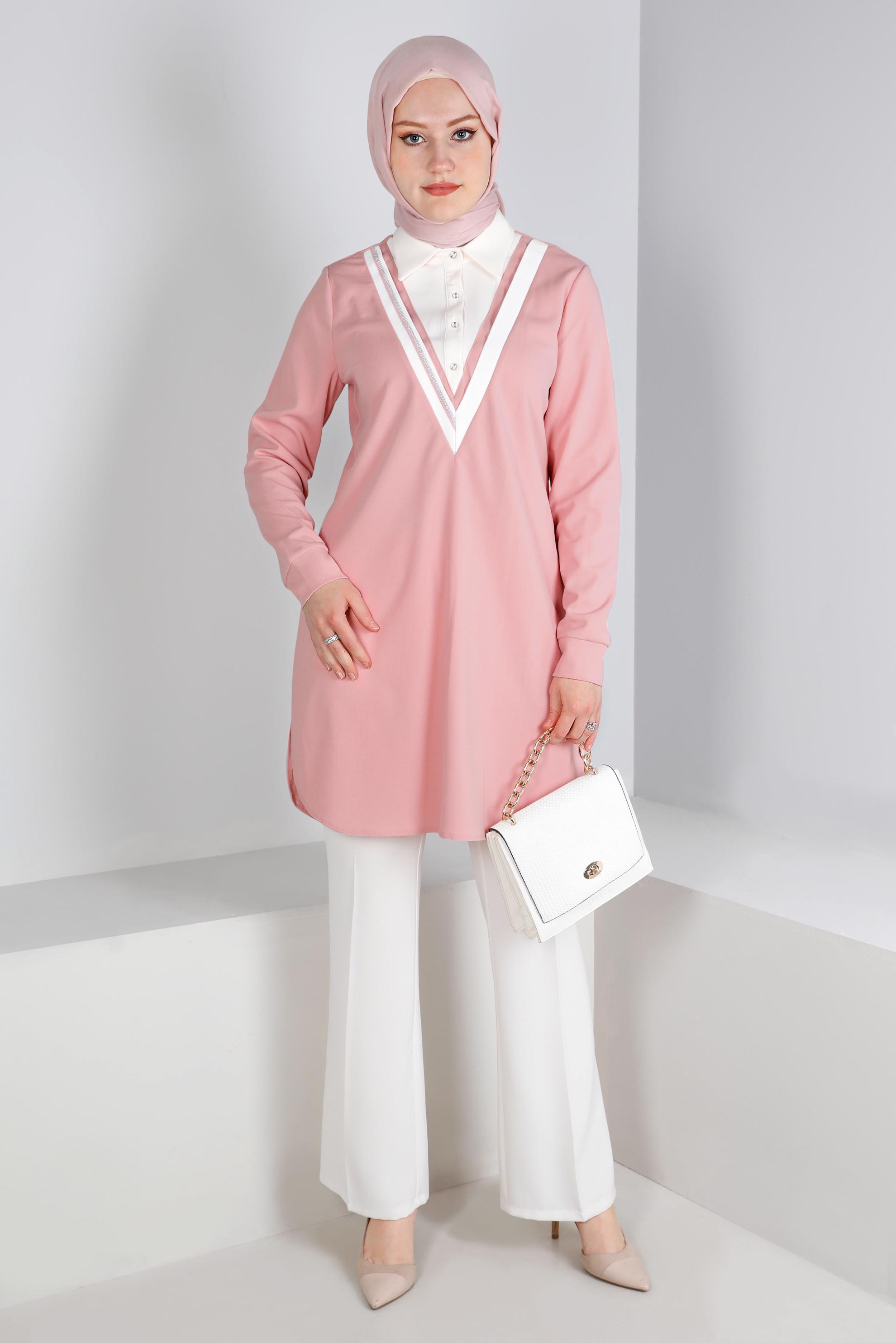 Tesettür giyim PUDRA GÖMLEK YAKA TUNİK 43290