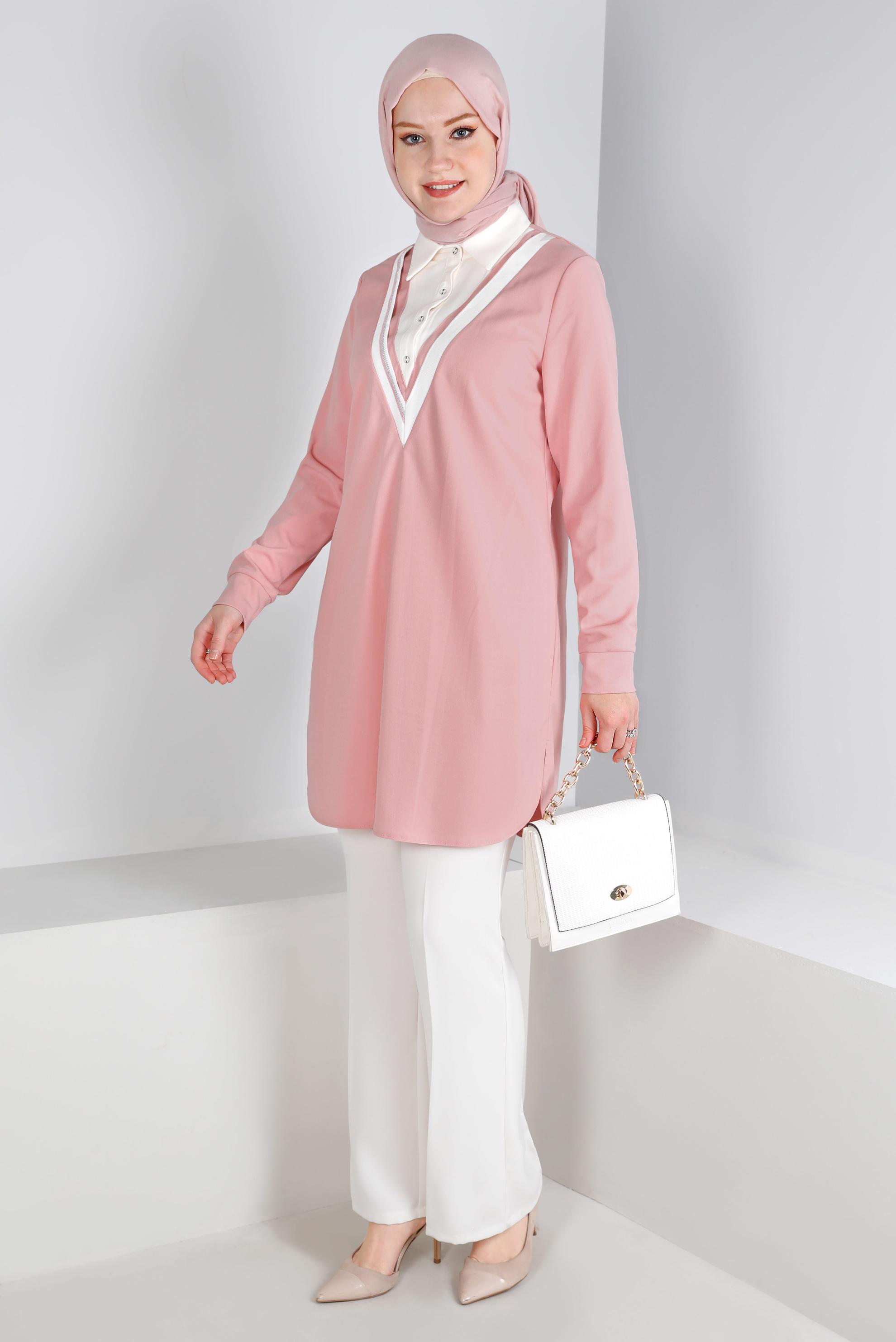 Tesettür giyim PUDRA GÖMLEK YAKA TUNİK 43290