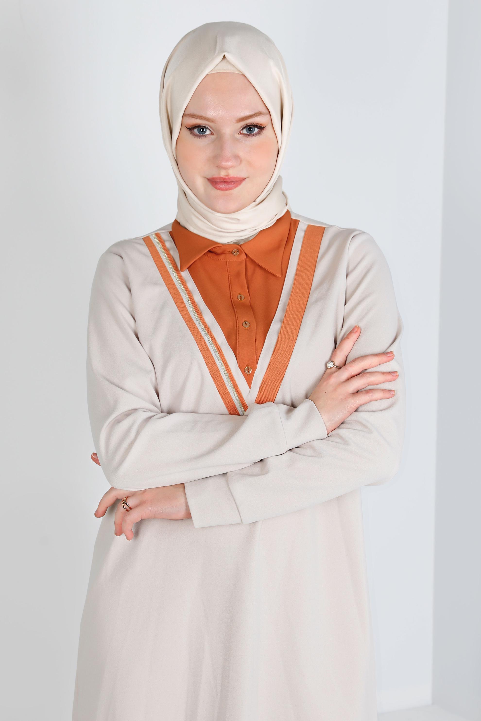 Tesettür giyim BEJ GÖMLEK YAKA TUNİK 43290