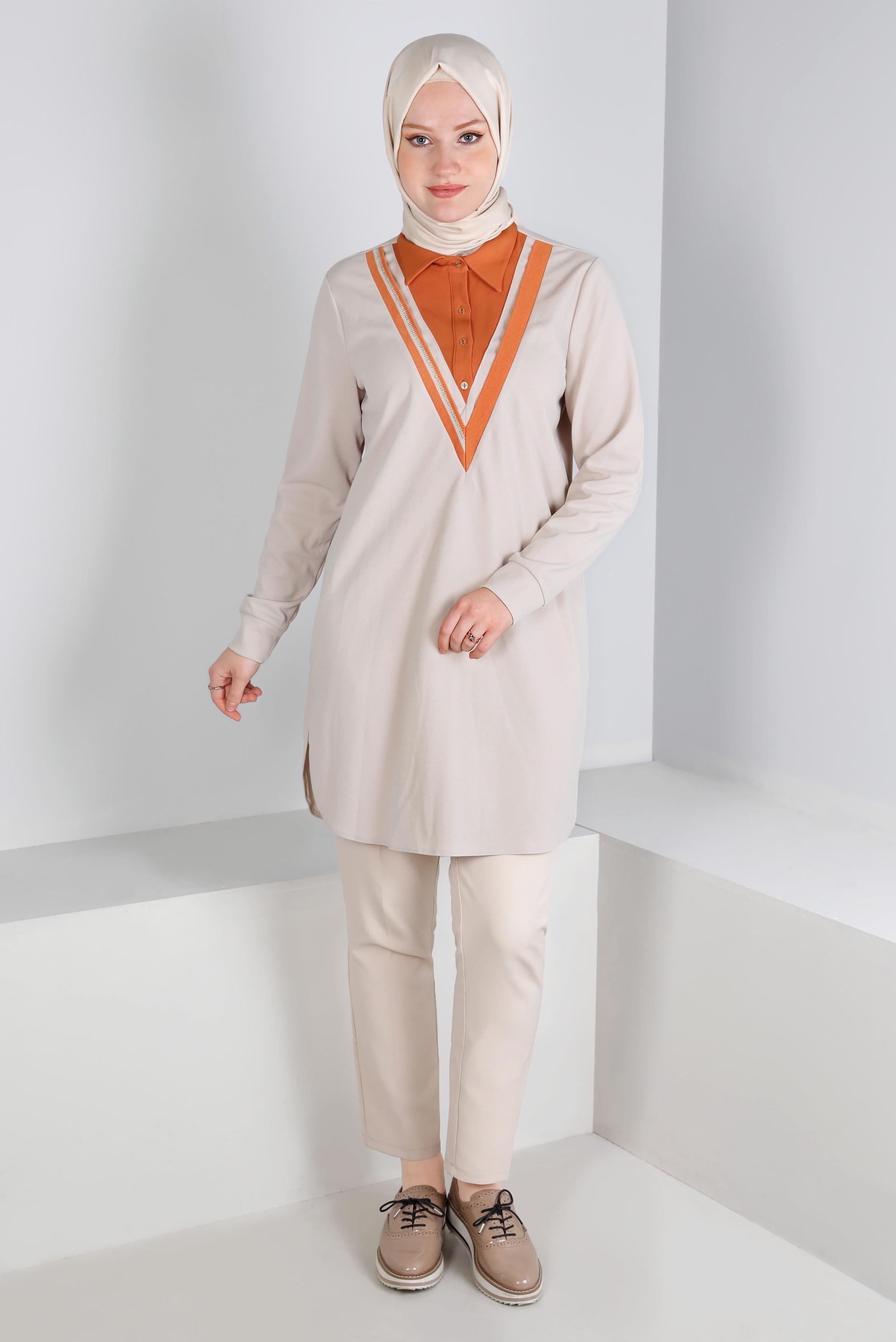 Tesettür giyim BEJ GÖMLEK YAKA TUNİK 43290