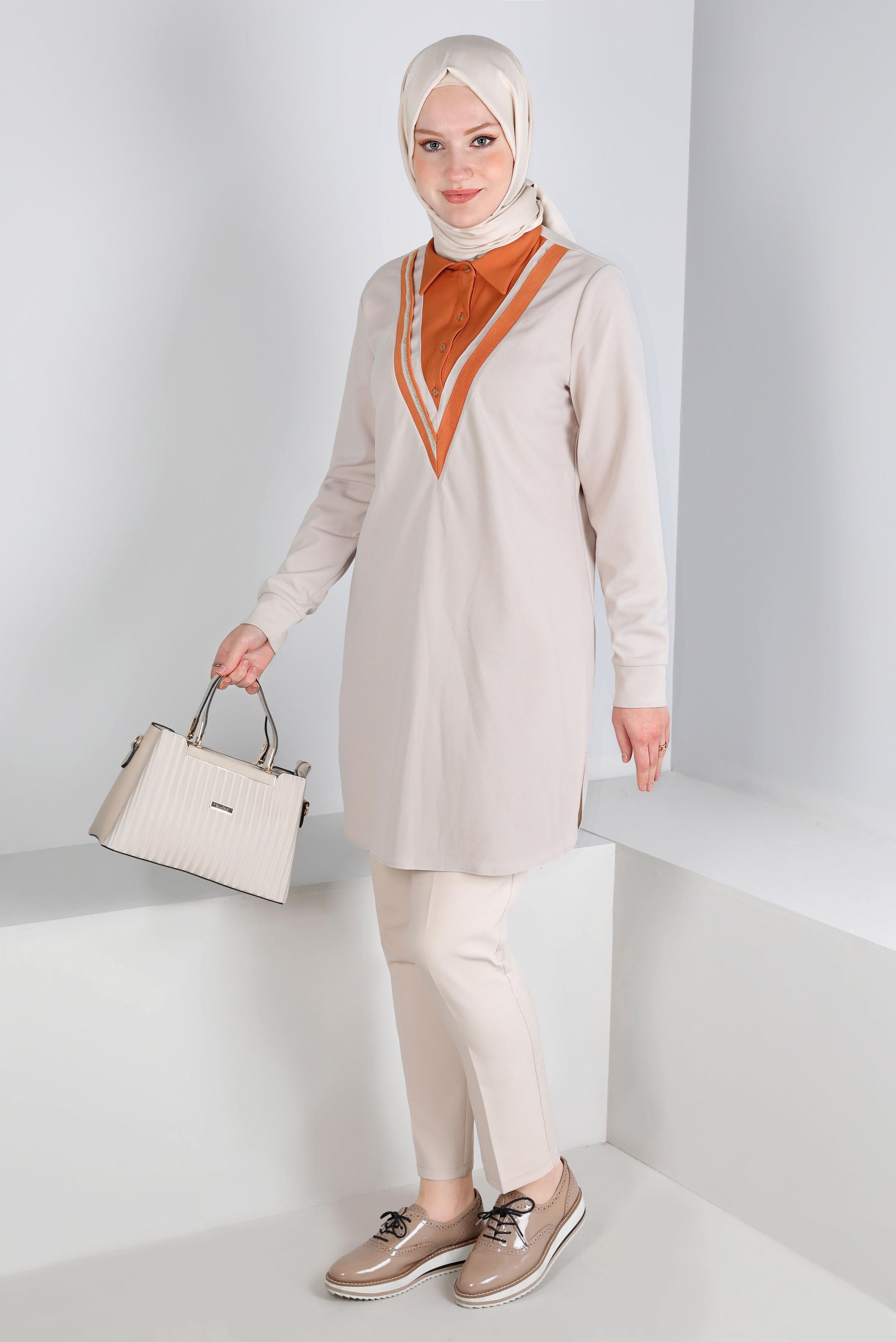 Tesettür giyim BEJ GÖMLEK YAKA TUNİK 43290