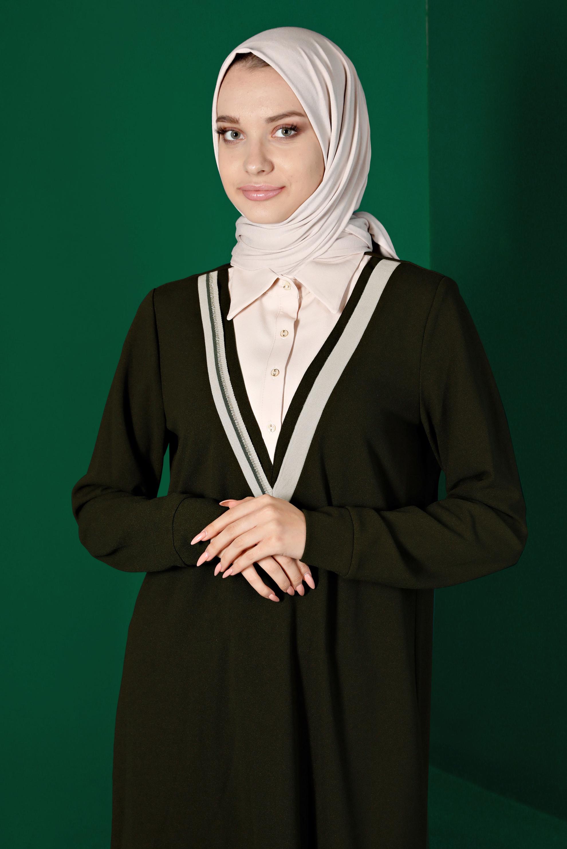 Tesettür giyim HAKİ GÖMLEK YAKA TUNİK 43290