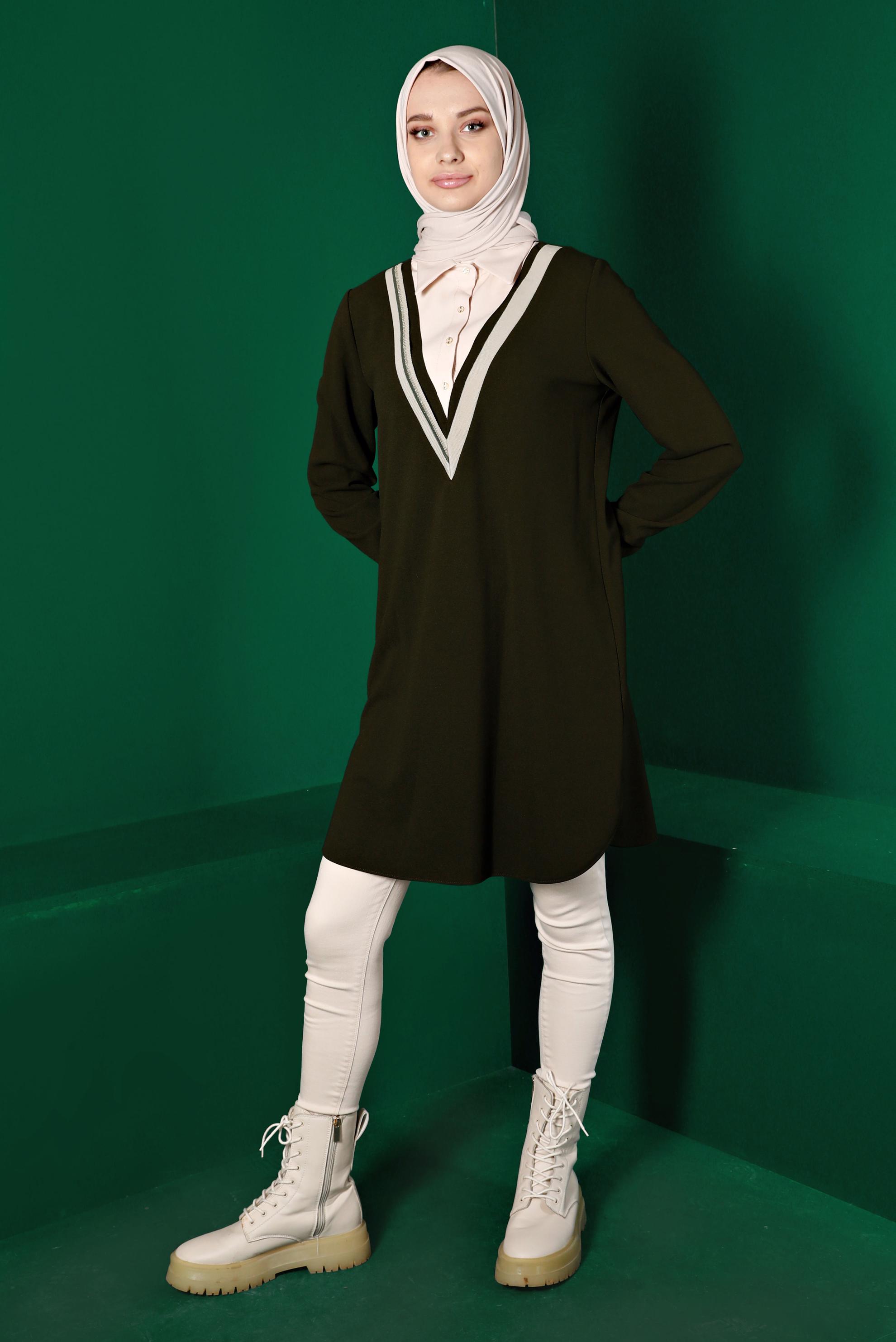 Tesettür giyim HAKİ GÖMLEK YAKA TUNİK 43290