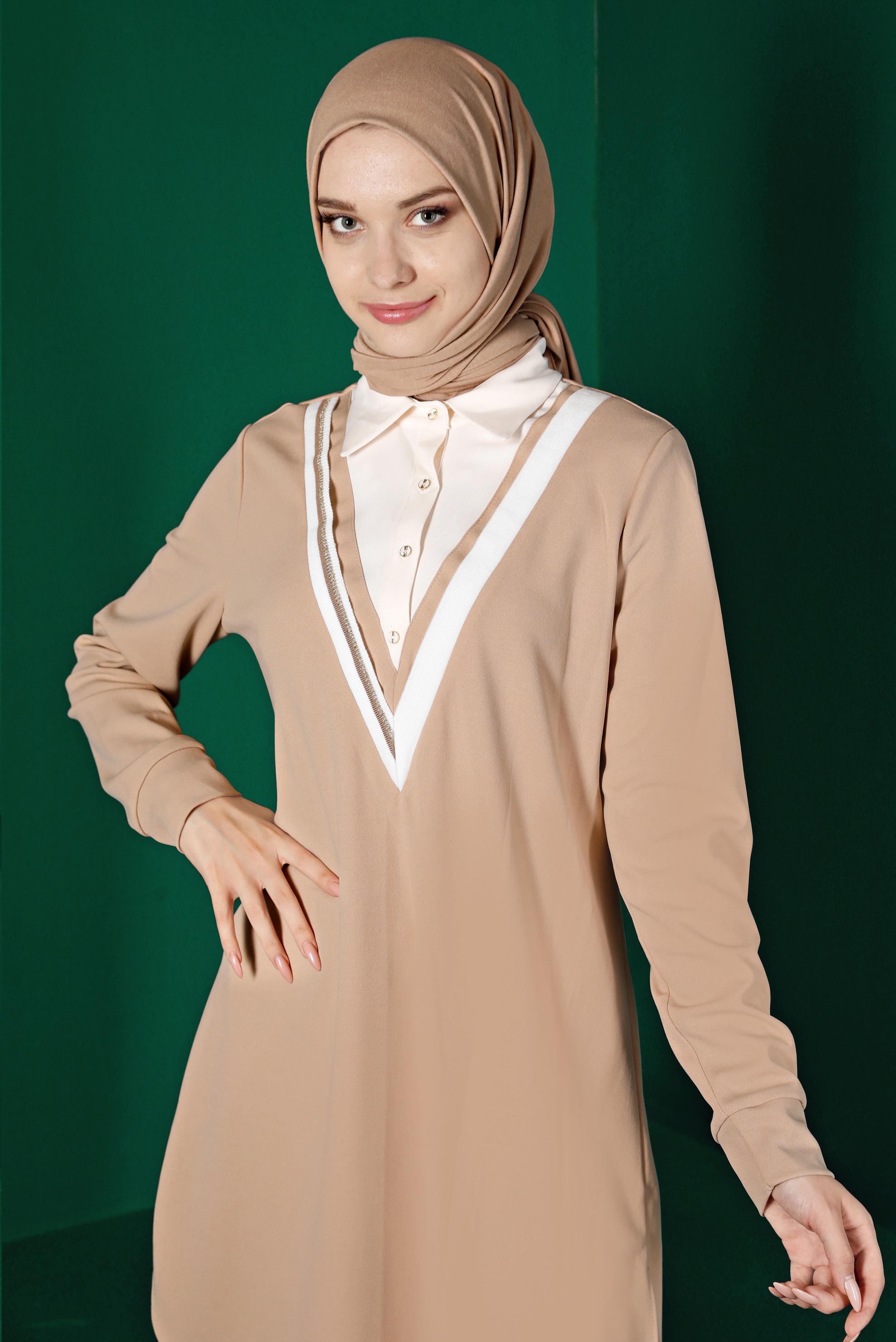 Tesettür giyim KUM GÖMLEK YAKA TUNİK 43290