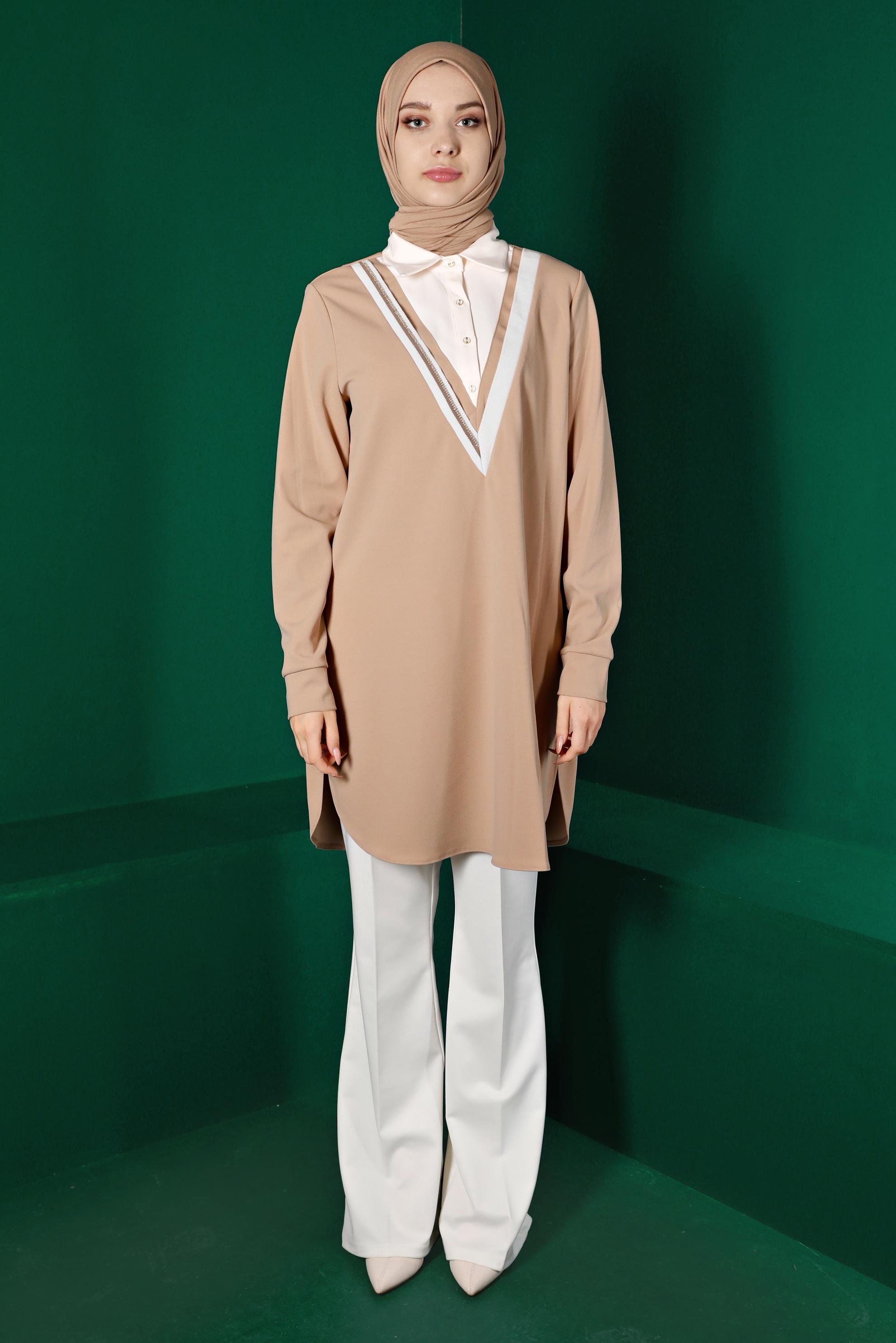 Tesettür giyim KUM GÖMLEK YAKA TUNİK 43290