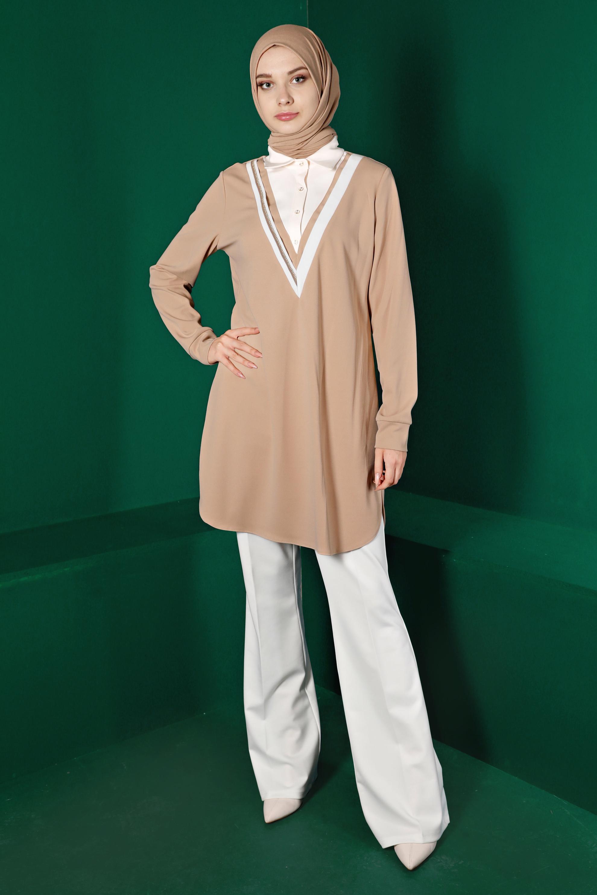 Tesettür giyim KUM GÖMLEK YAKA TUNİK 43290
