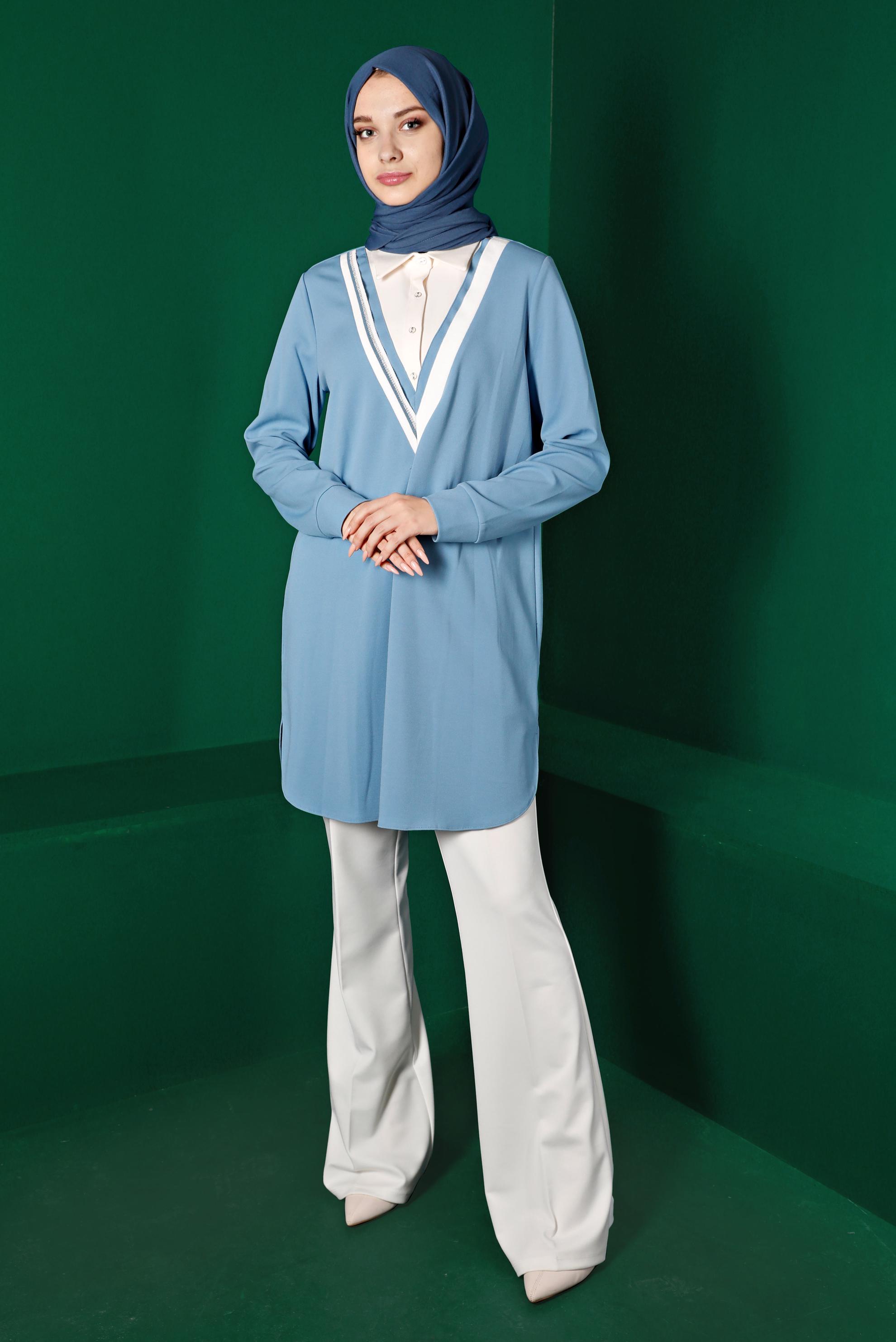 Tesettür giyim MAVİ GÖMLEK YAKA TUNİK 43290