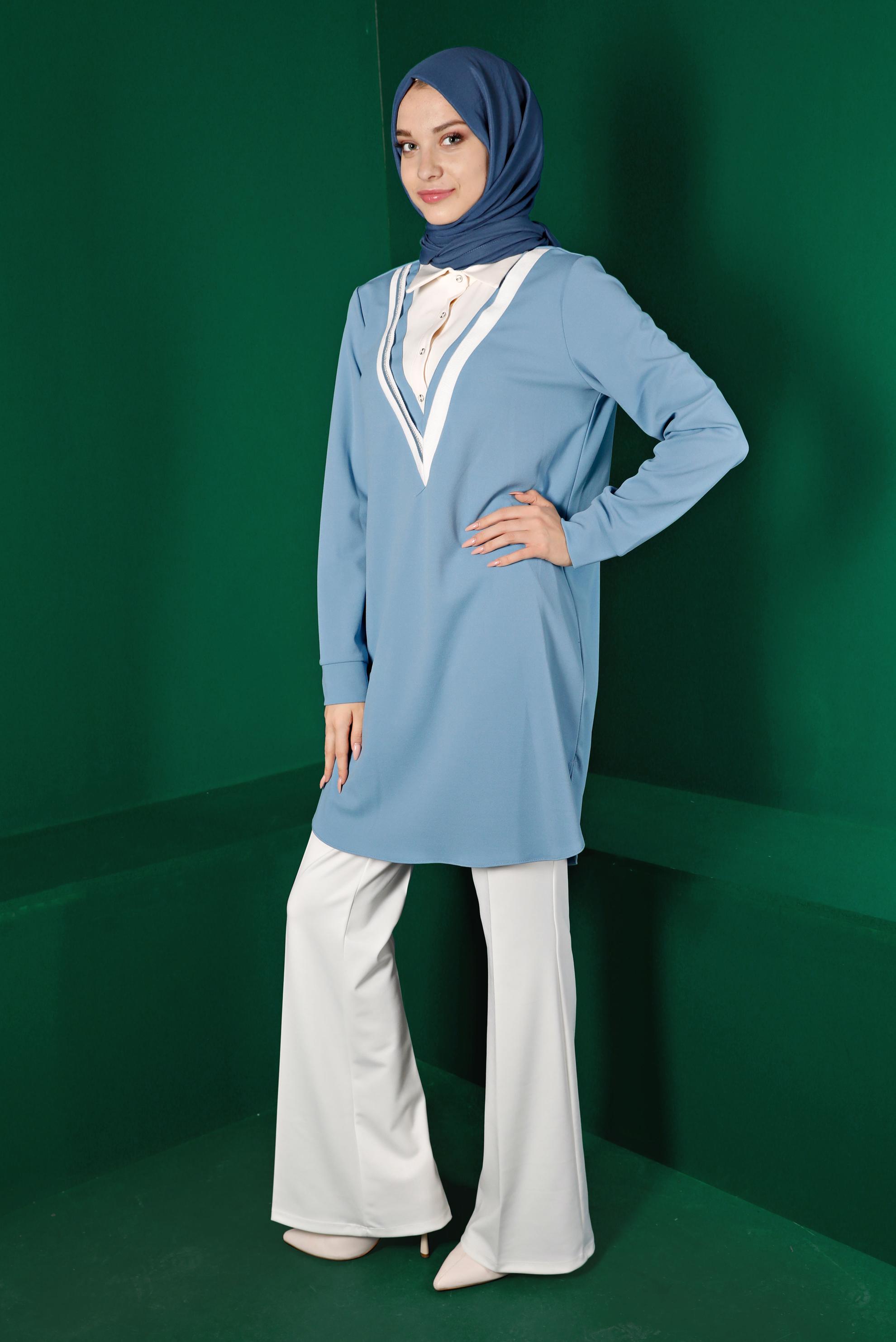 Tesettür giyim MAVİ GÖMLEK YAKA TUNİK 43290