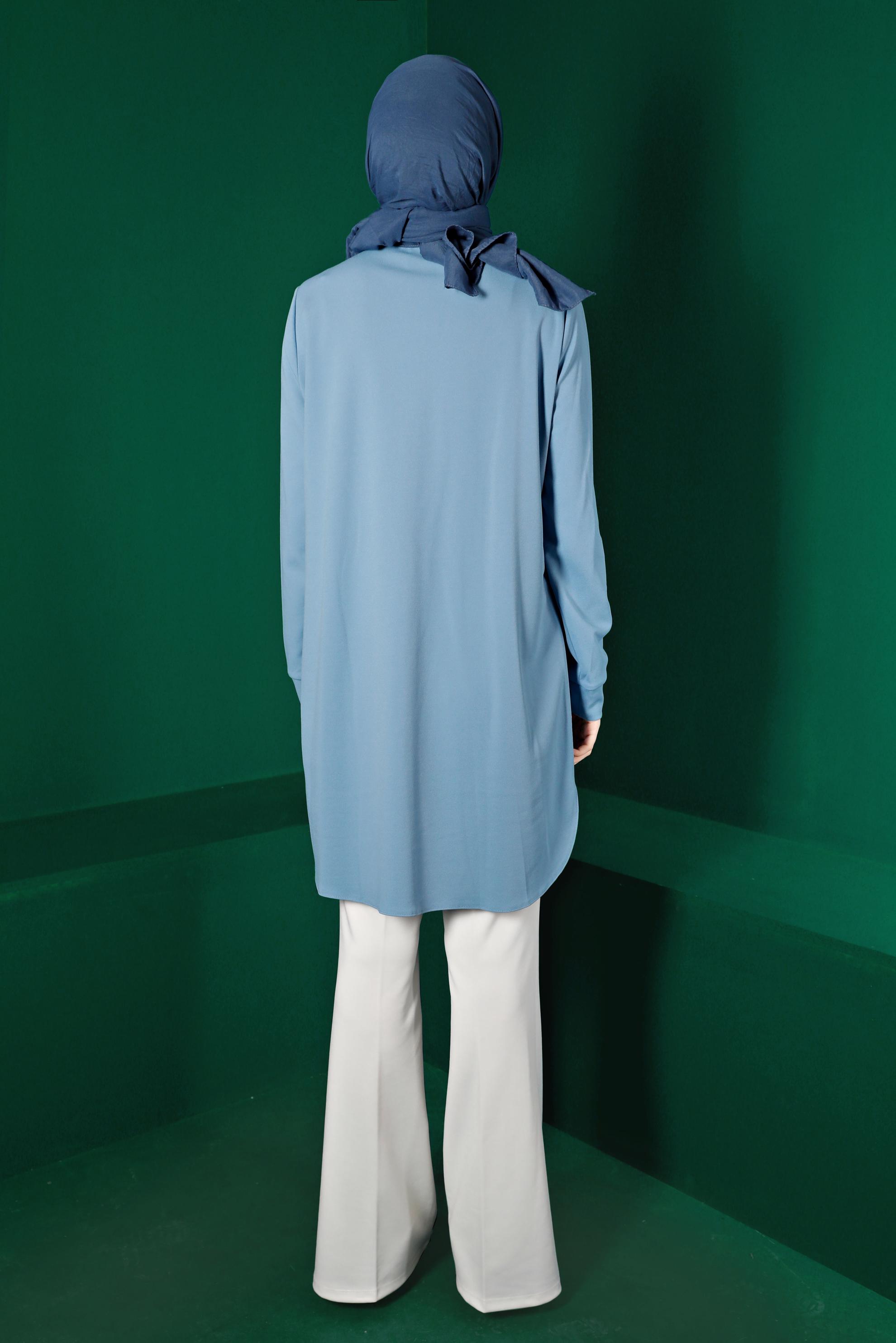 Tesettür giyim MAVİ GÖMLEK YAKA TUNİK 43290