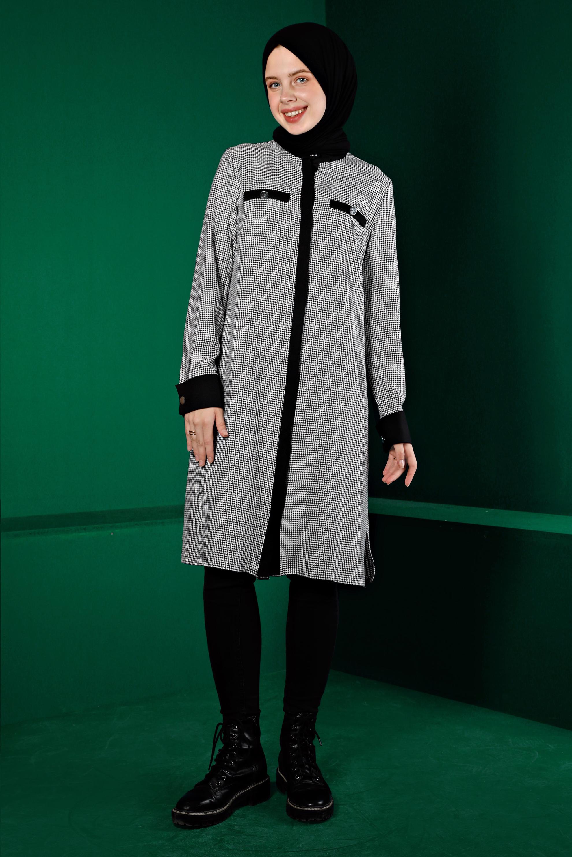 Vêtements hijab NOIR TUNIQUE TEXTURÉE PIED-DE-POULE INVISIBLE À BOUTONS 43291