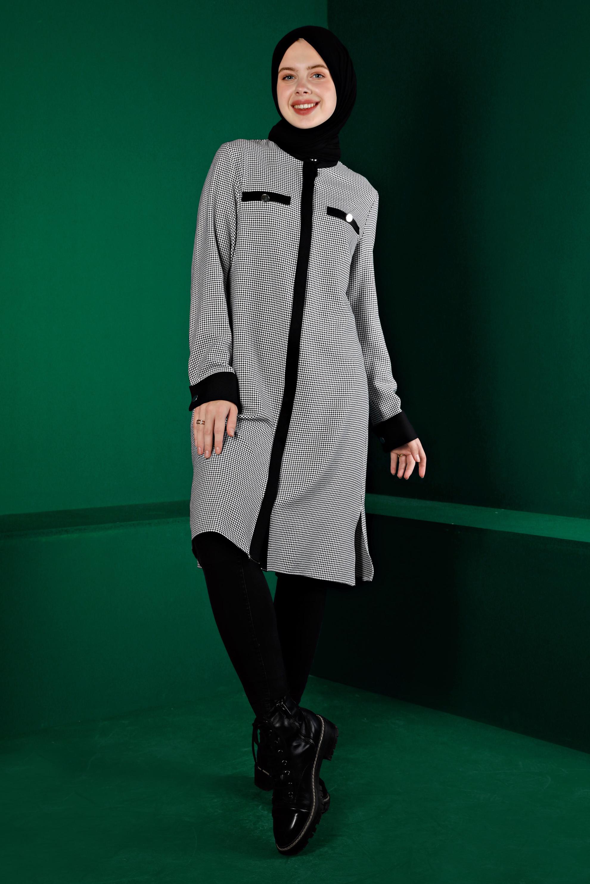 Vêtements hijab NOIR TUNIQUE TEXTURÉE PIED-DE-POULE INVISIBLE À BOUTONS 43291