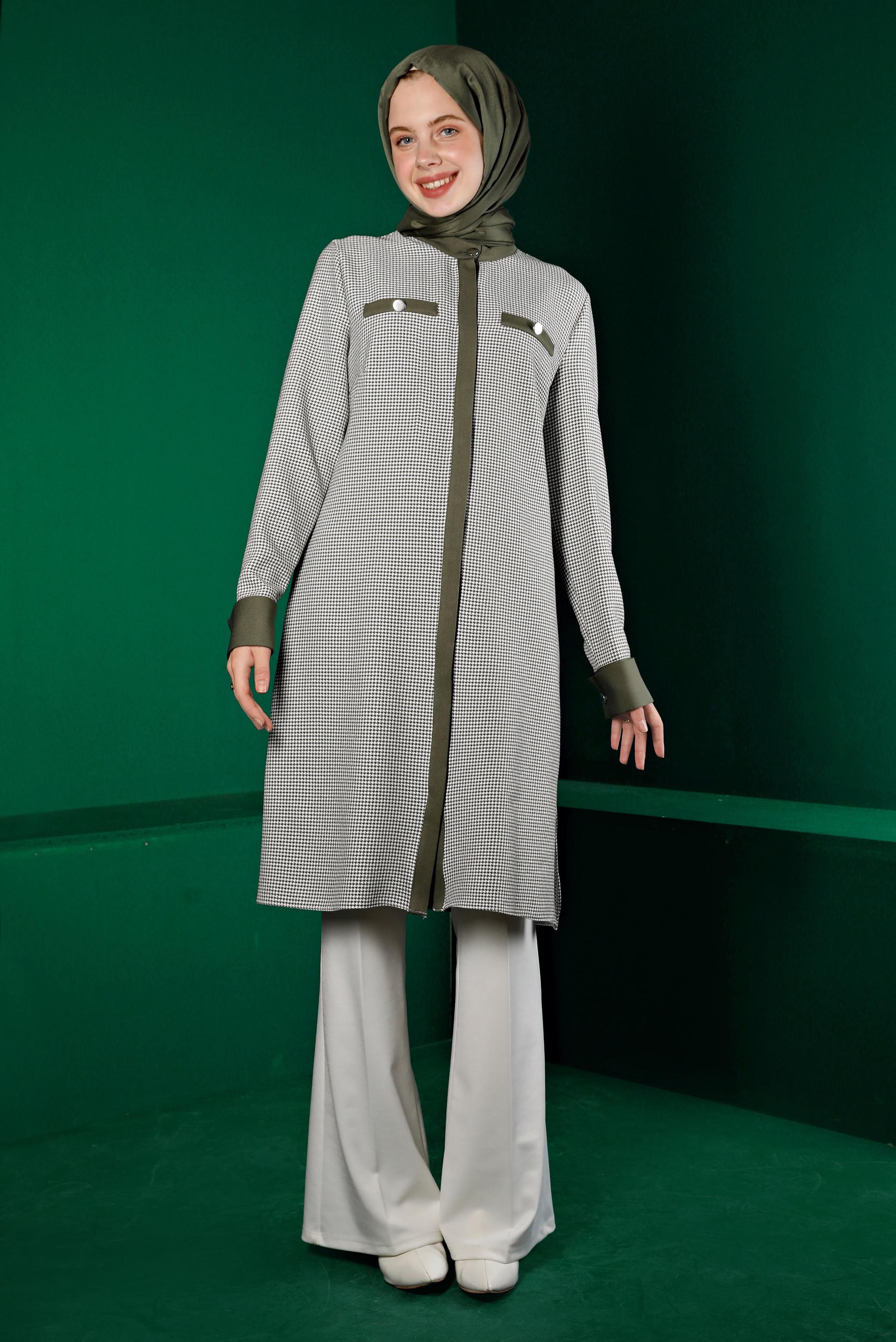 Hijab clothing KHAKI INVISIBLE BUTTONED HOUNDSTOOTH TEXTURED TUNIC 43291