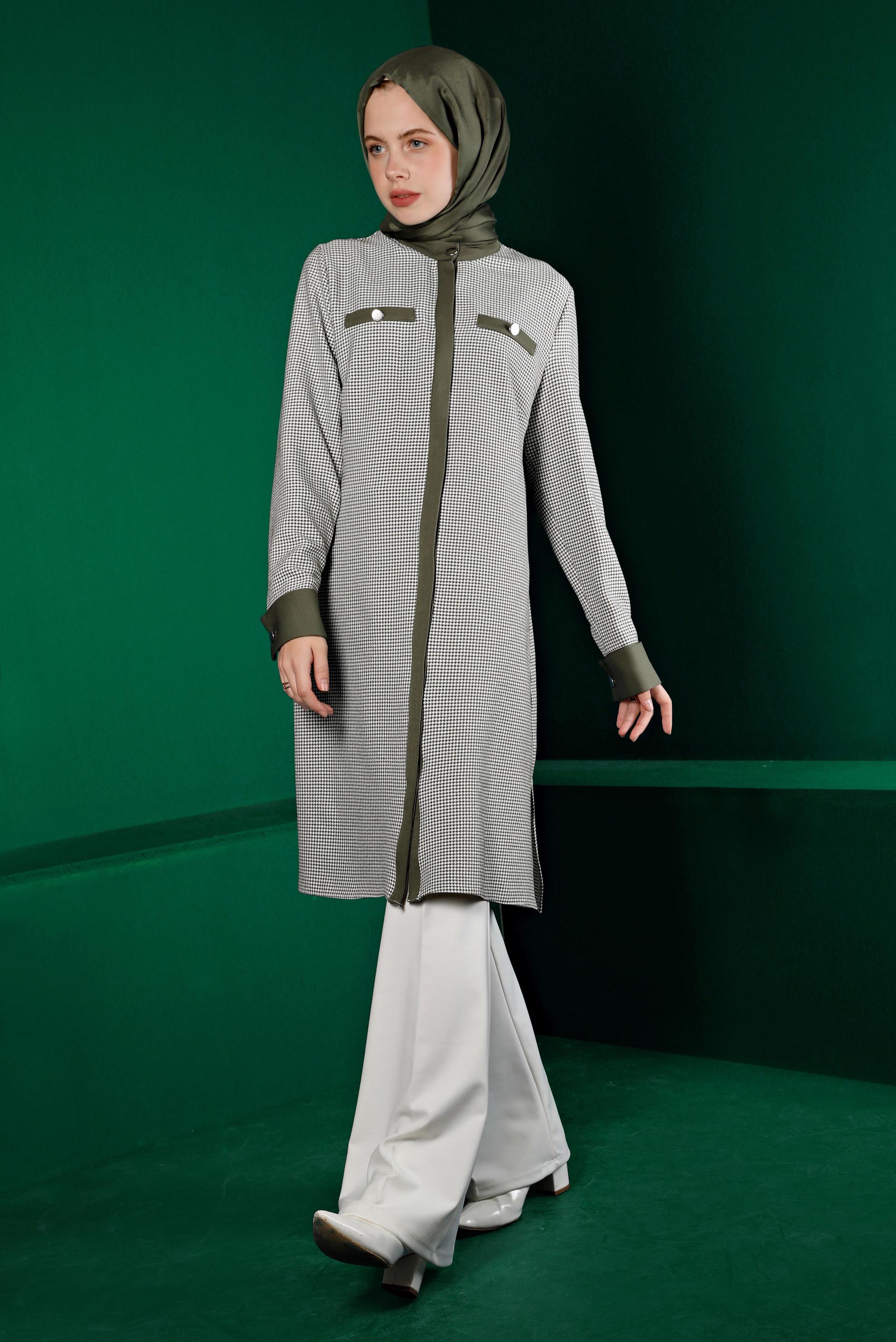 Hijab clothing KHAKI INVISIBLE BUTTONED HOUNDSTOOTH TEXTURED TUNIC 43291