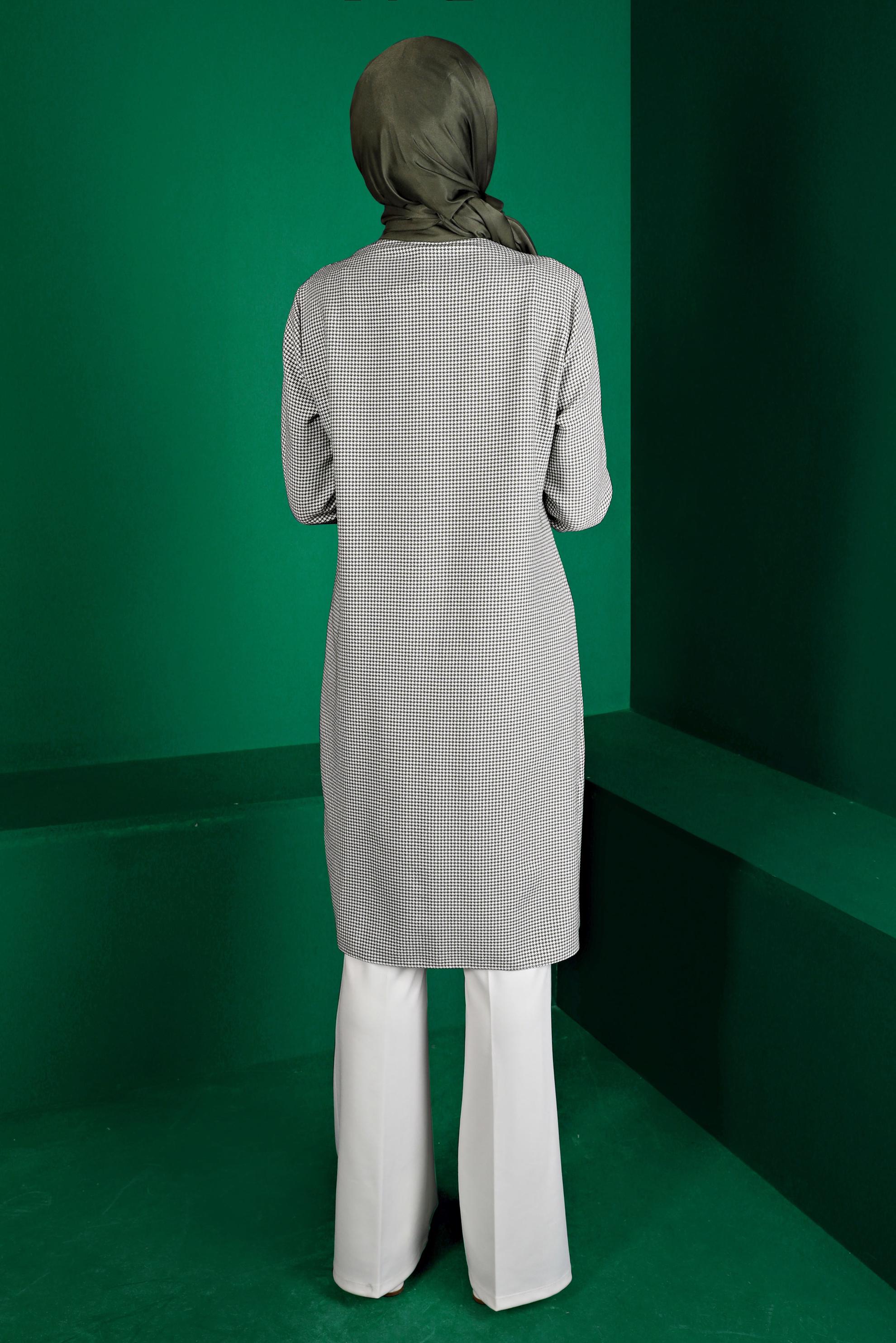 Hijab clothing KHAKI INVISIBLE BUTTONED HOUNDSTOOTH TEXTURED TUNIC 43291