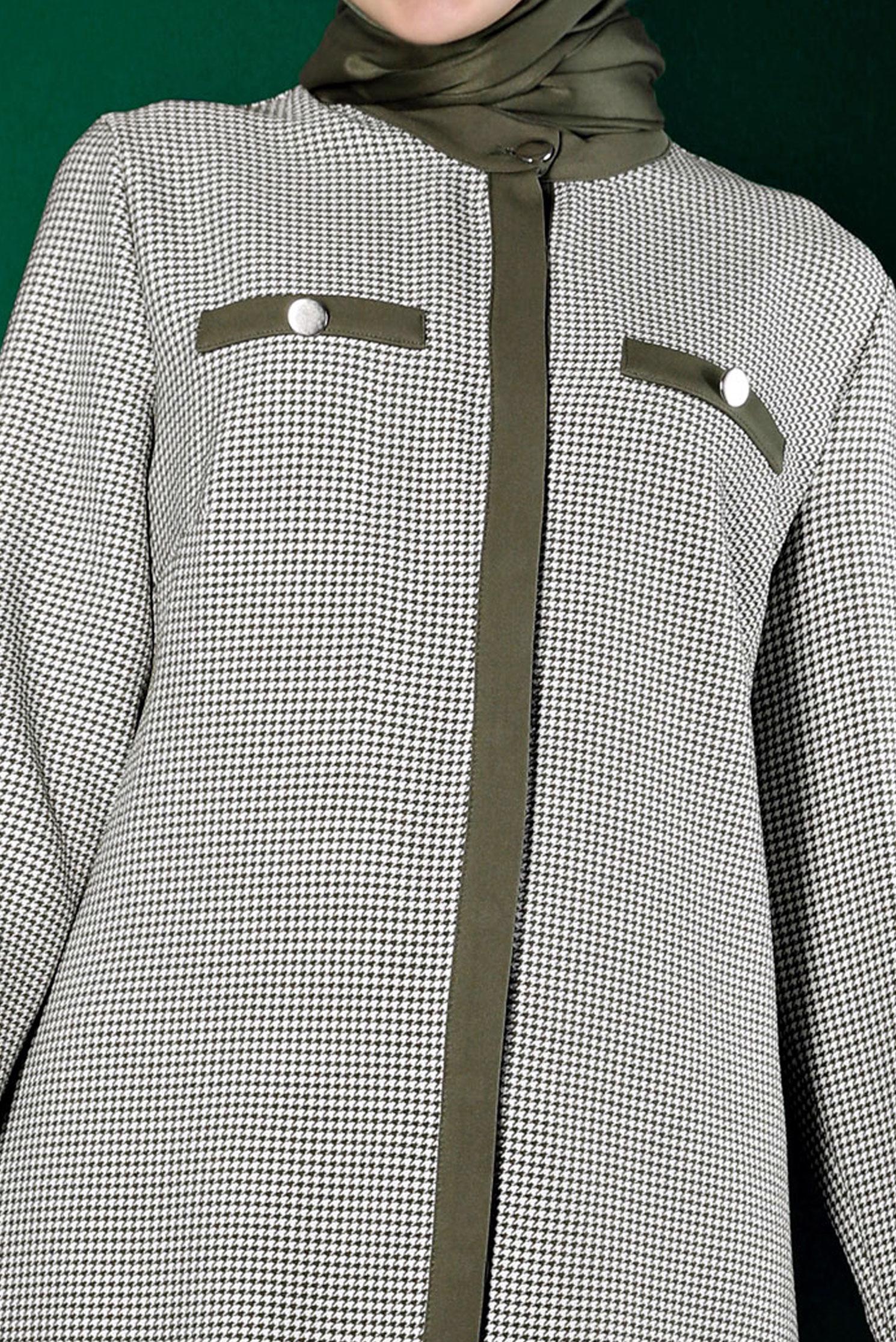 Hijab clothing KHAKI INVISIBLE BUTTONED HOUNDSTOOTH TEXTURED TUNIC 43291