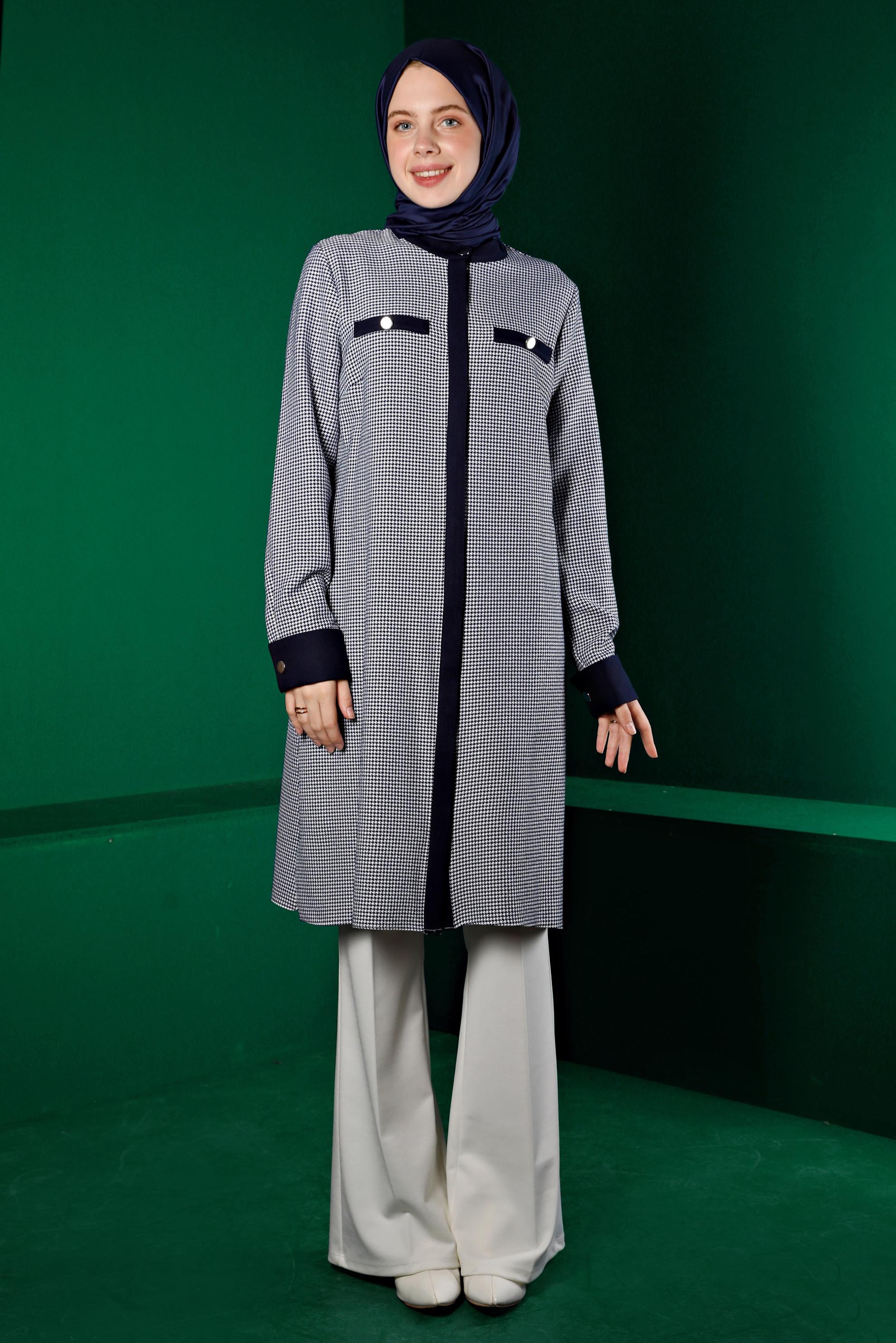 Vêtements hijab BLEU MARINE TUNIQUE TEXTURÉE PIED-DE-POULE INVISIBLE À BOUTONS 43291