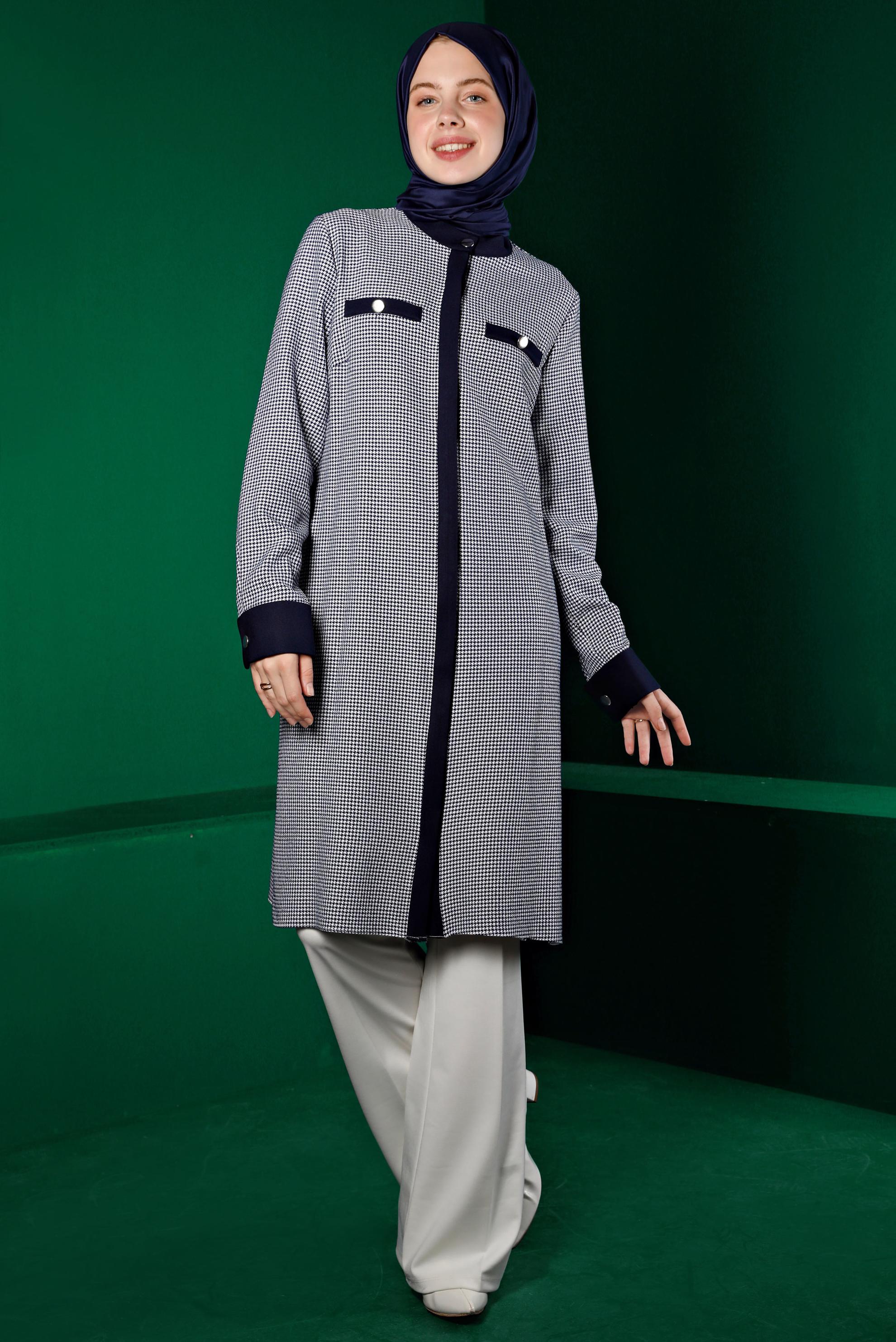 Vêtements hijab BLEU MARINE TUNIQUE TEXTURÉE PIED-DE-POULE INVISIBLE À BOUTONS 43291