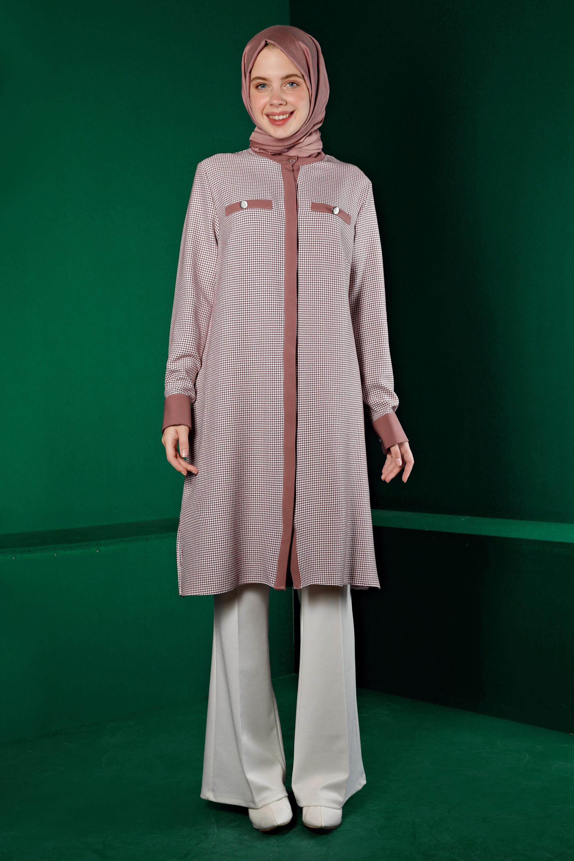 Hijab clothing POWDER INVISIBLE BUTTONED HOUNDSTOOTH TEXTURED TUNIC 43291