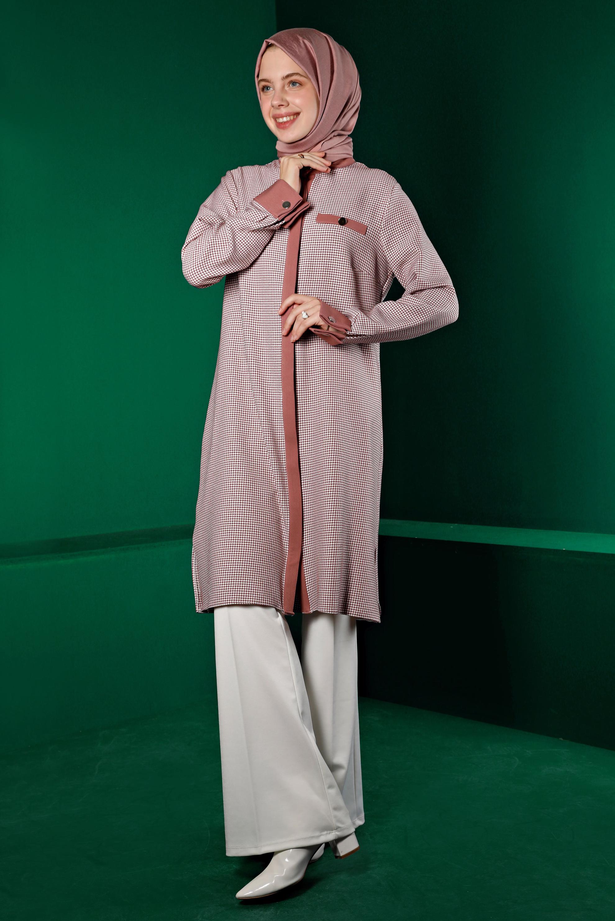 Hijab clothing POWDER INVISIBLE BUTTONED HOUNDSTOOTH TEXTURED TUNIC 43291