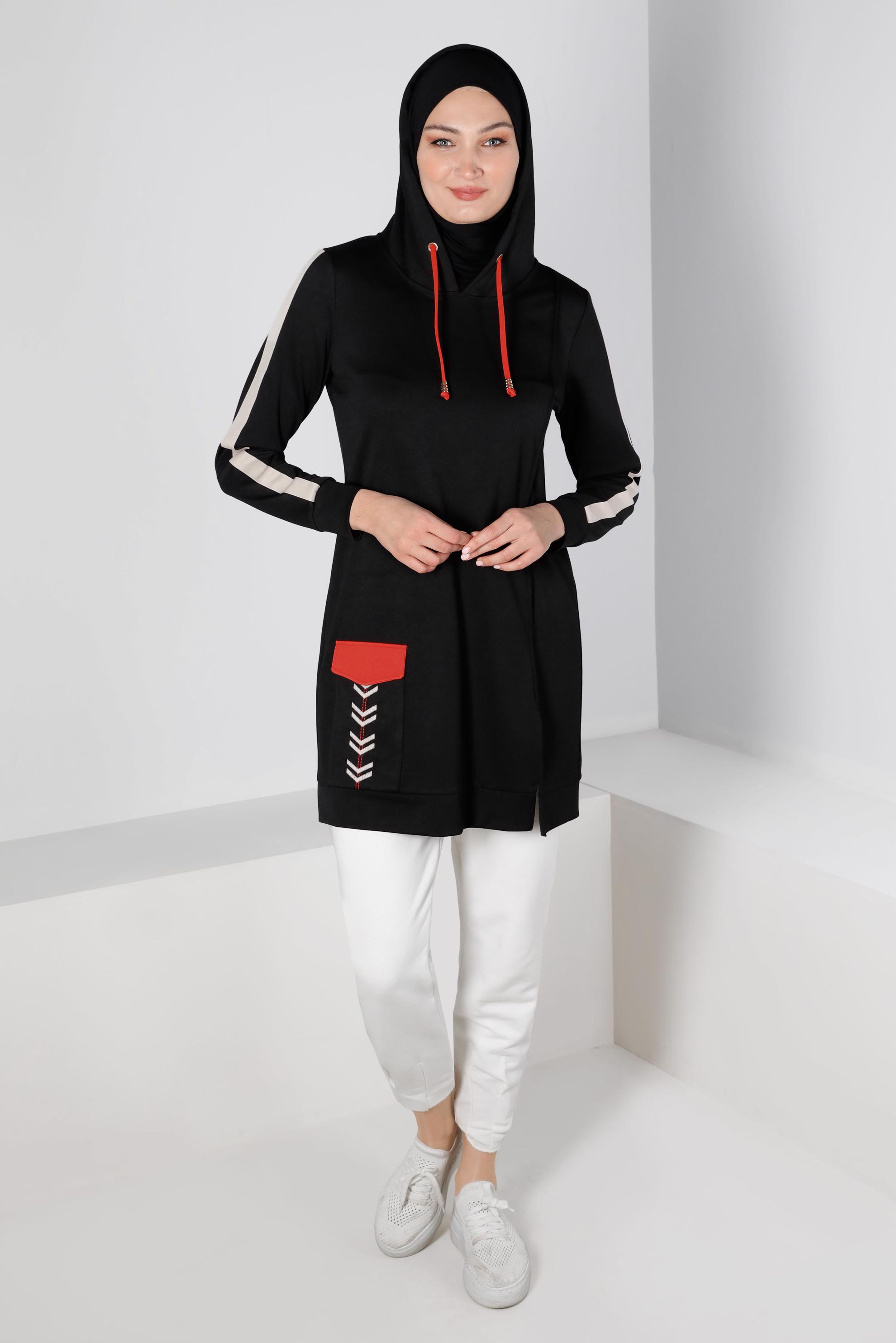 Tesettür giyim SİYAH ŞERİT DETAYLI KAPÜŞONLU TUNİK 43296