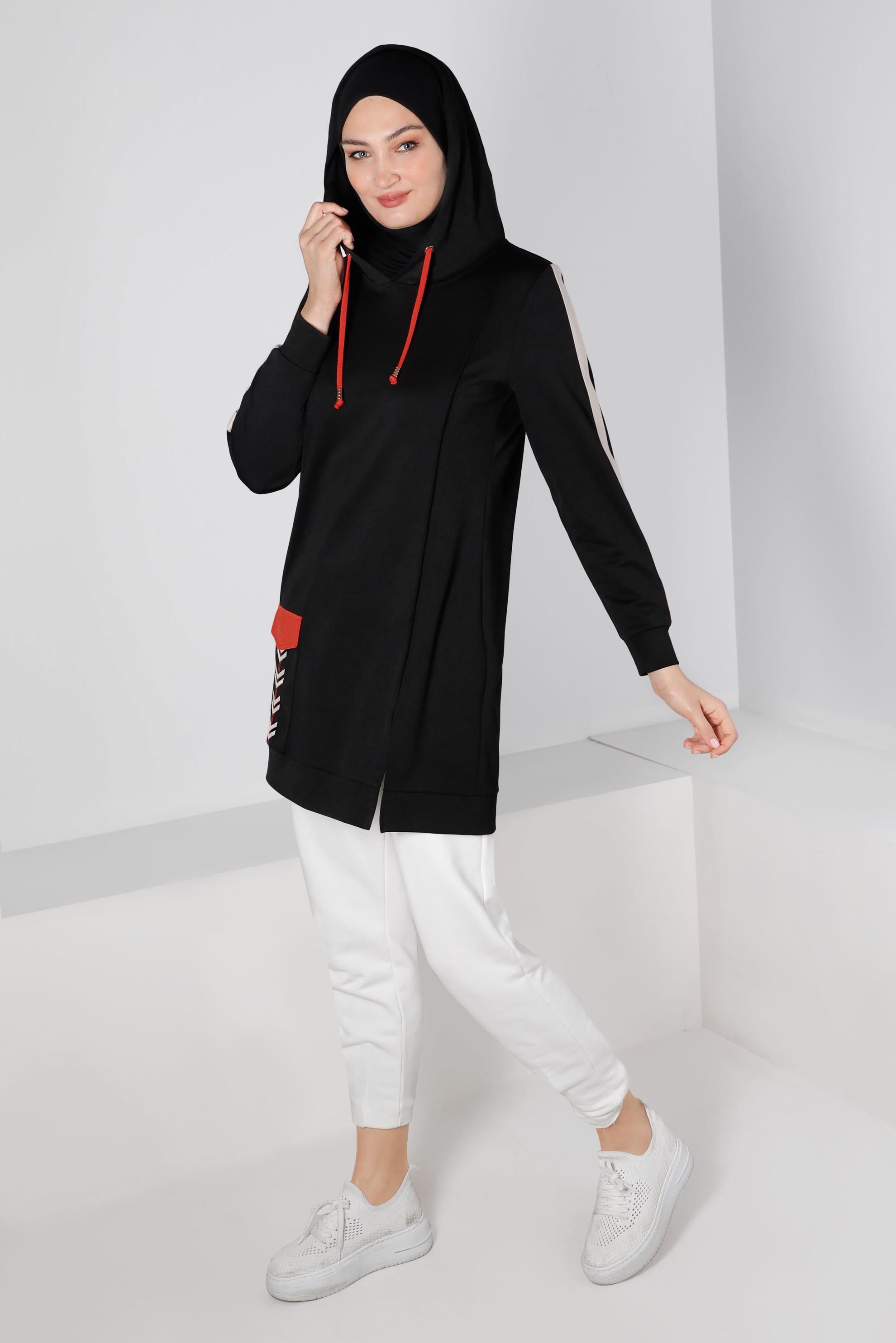 Tesettür giyim SİYAH ŞERİT DETAYLI KAPÜŞONLU TUNİK 43296