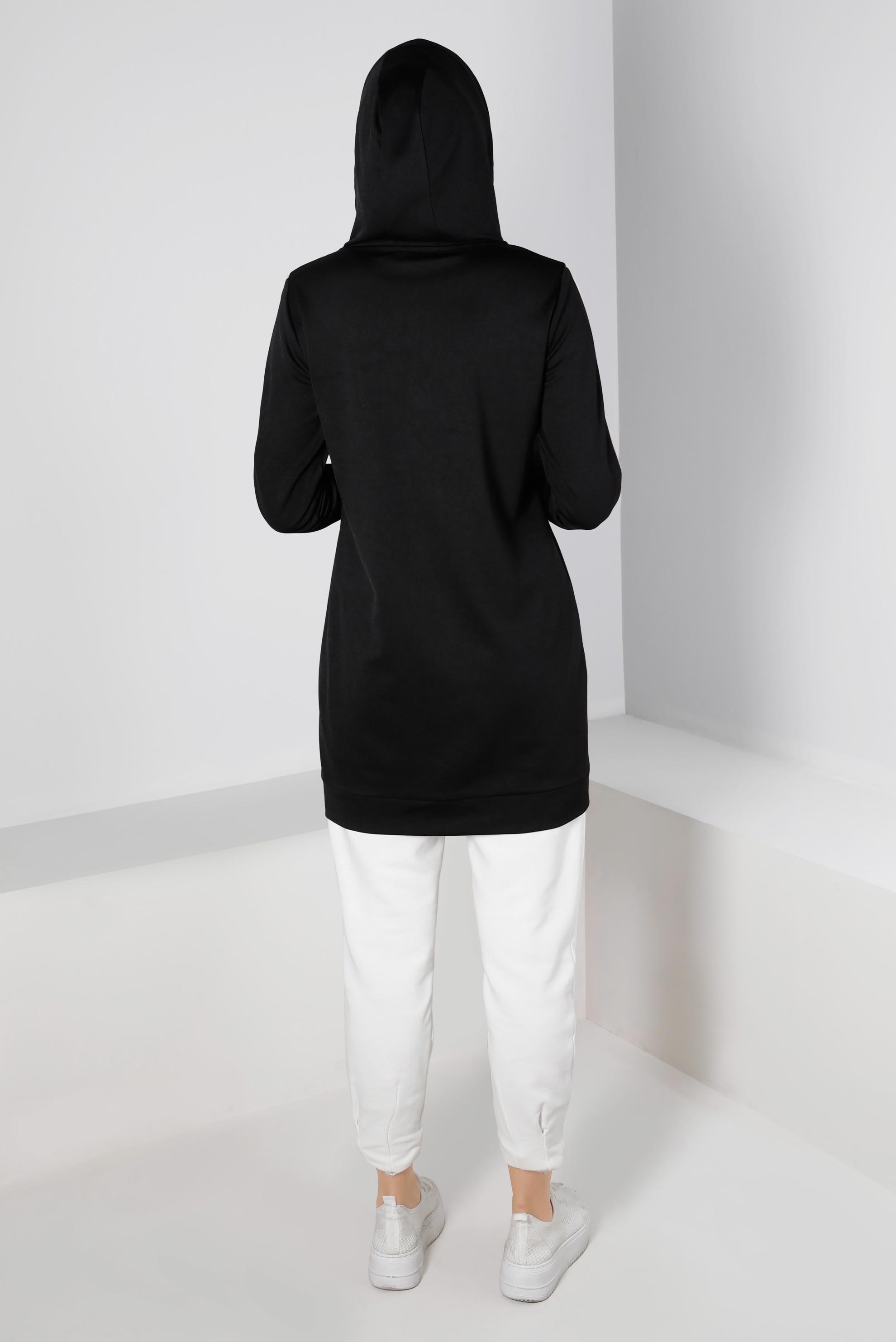 Tesettür giyim SİYAH ŞERİT DETAYLI KAPÜŞONLU TUNİK 43296