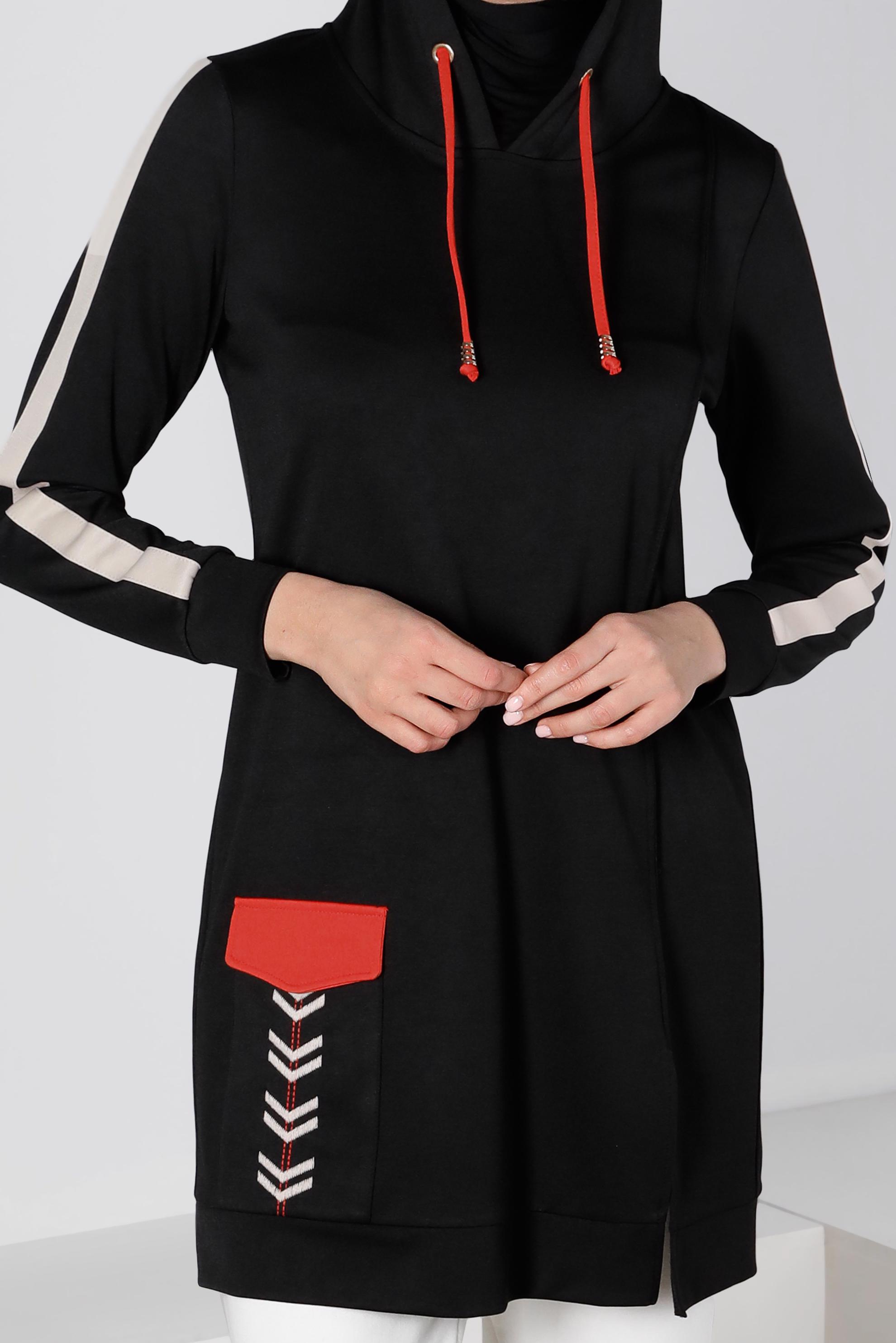 Tesettür giyim SİYAH ŞERİT DETAYLI KAPÜŞONLU TUNİK 43296