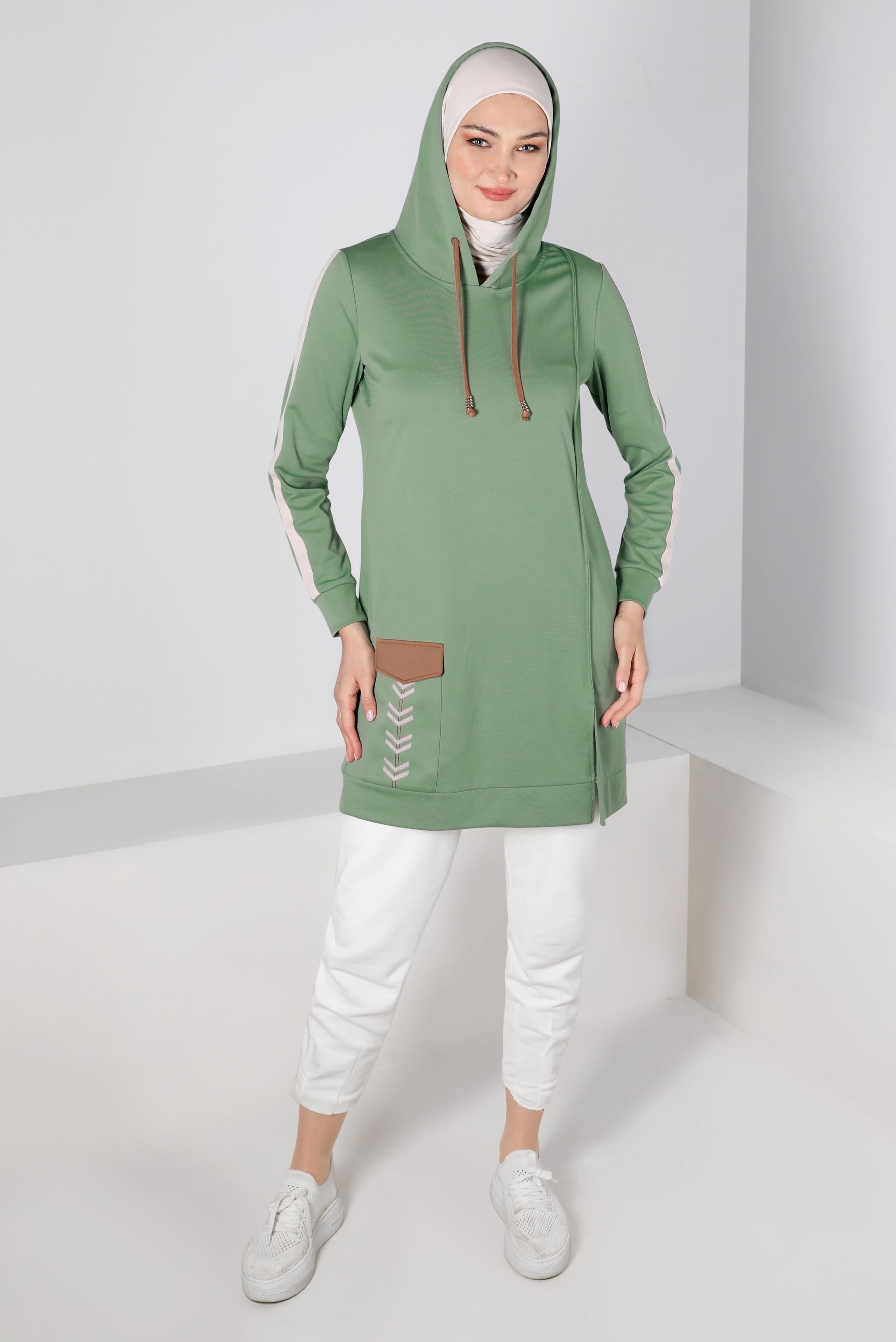 Tesettür giyim YEŞİL ŞERİT DETAYLI KAPÜŞONLU TUNİK 43296