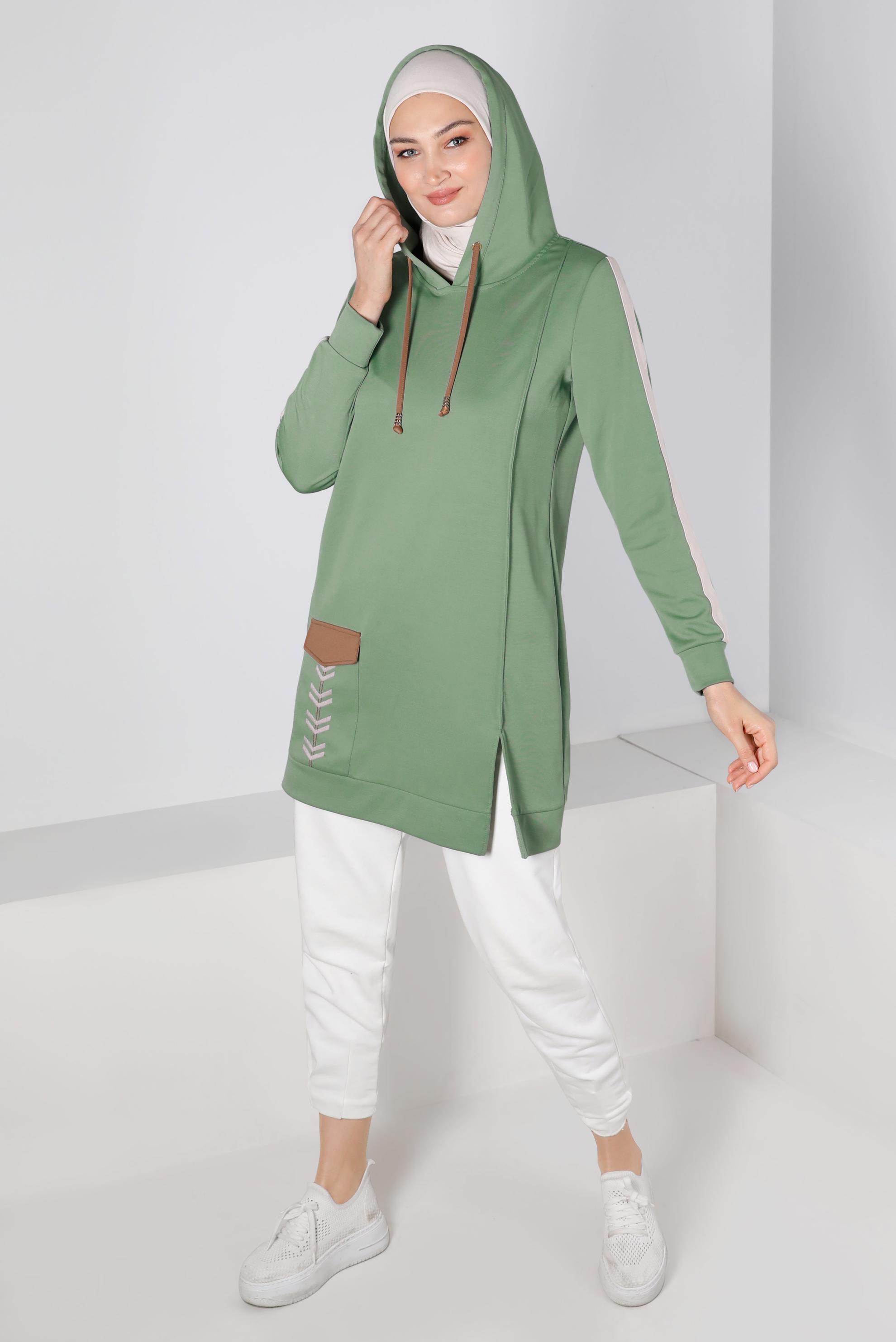 Tesettür giyim YEŞİL ŞERİT DETAYLI KAPÜŞONLU TUNİK 43296