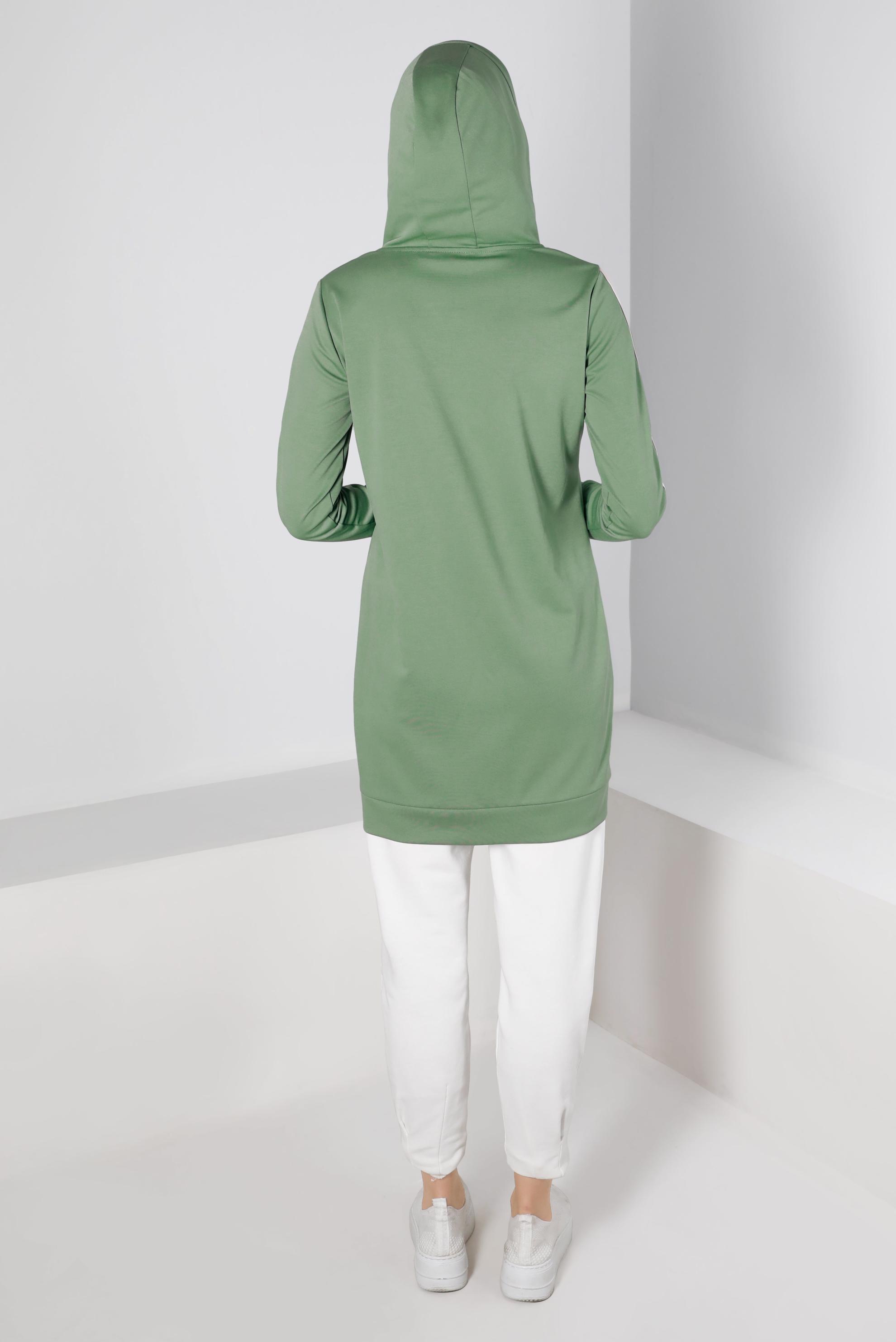 Tesettür giyim YEŞİL ŞERİT DETAYLI KAPÜŞONLU TUNİK 43296