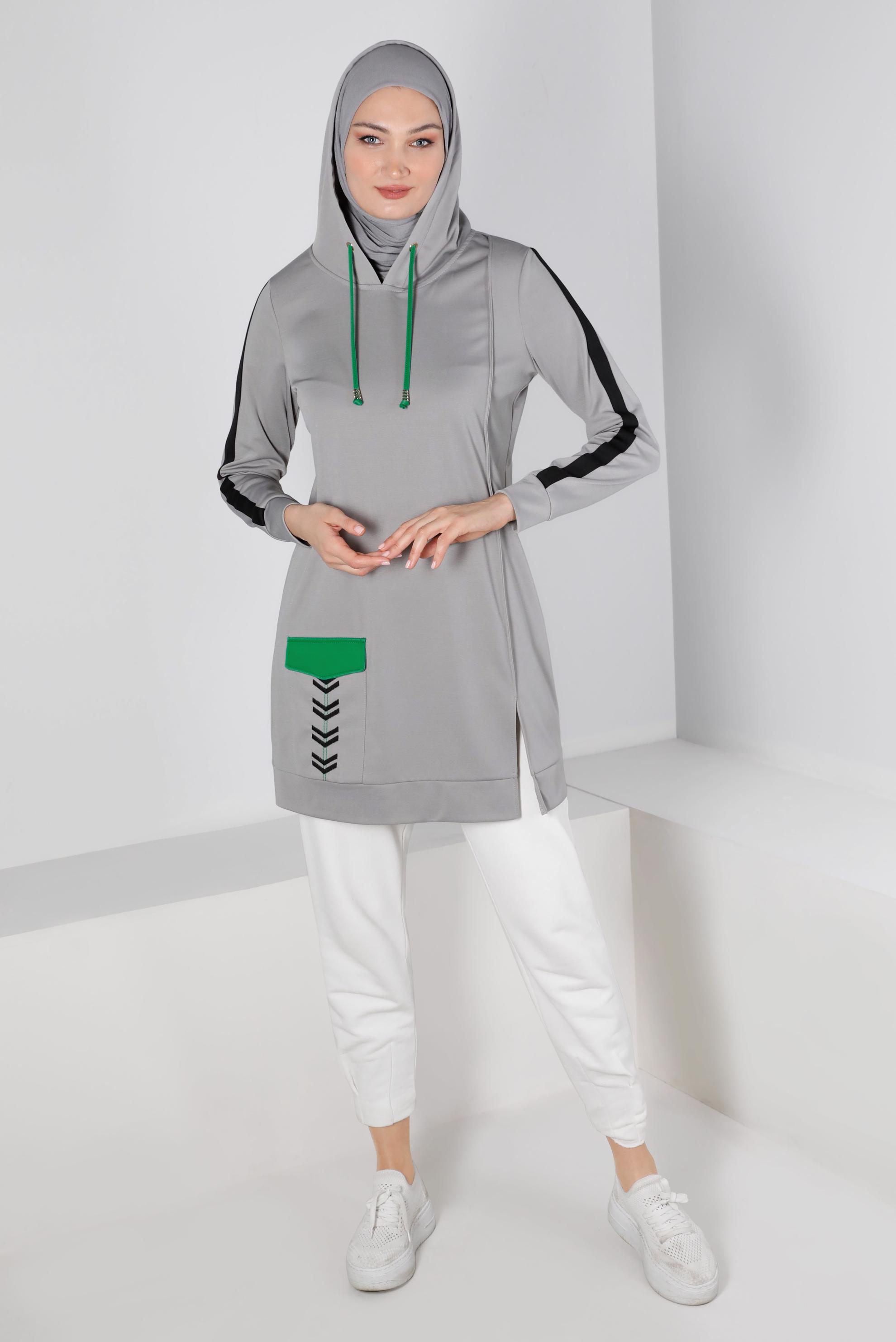 Tesettür giyim GRİ ŞERİT DETAYLI KAPÜŞONLU TUNİK 43296
