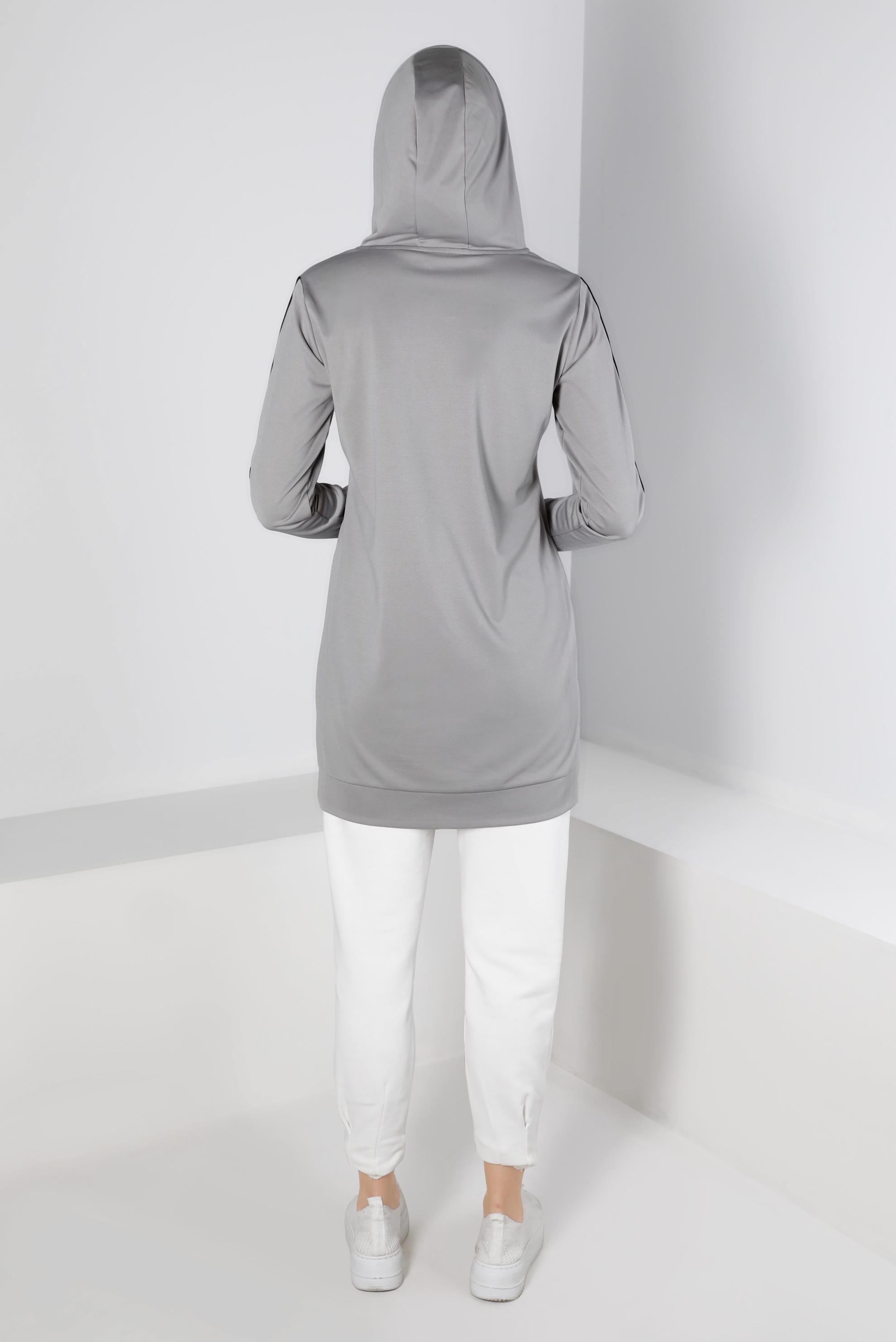 Tesettür giyim GRİ ŞERİT DETAYLI KAPÜŞONLU TUNİK 43296