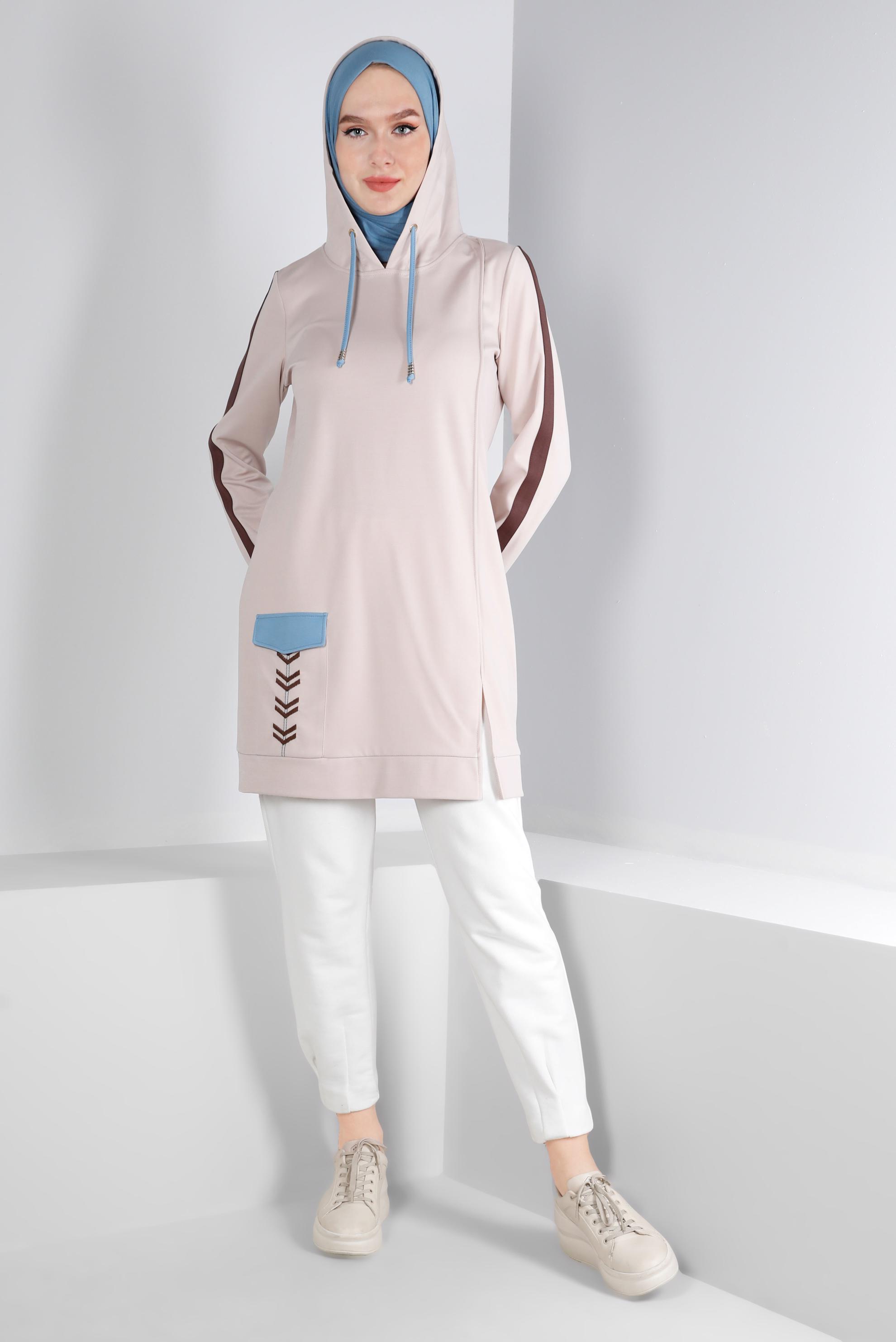 Vêtements hijab BEIGE TUNIQUE À CAPUCHE DÉTAILS RAYURES 43296