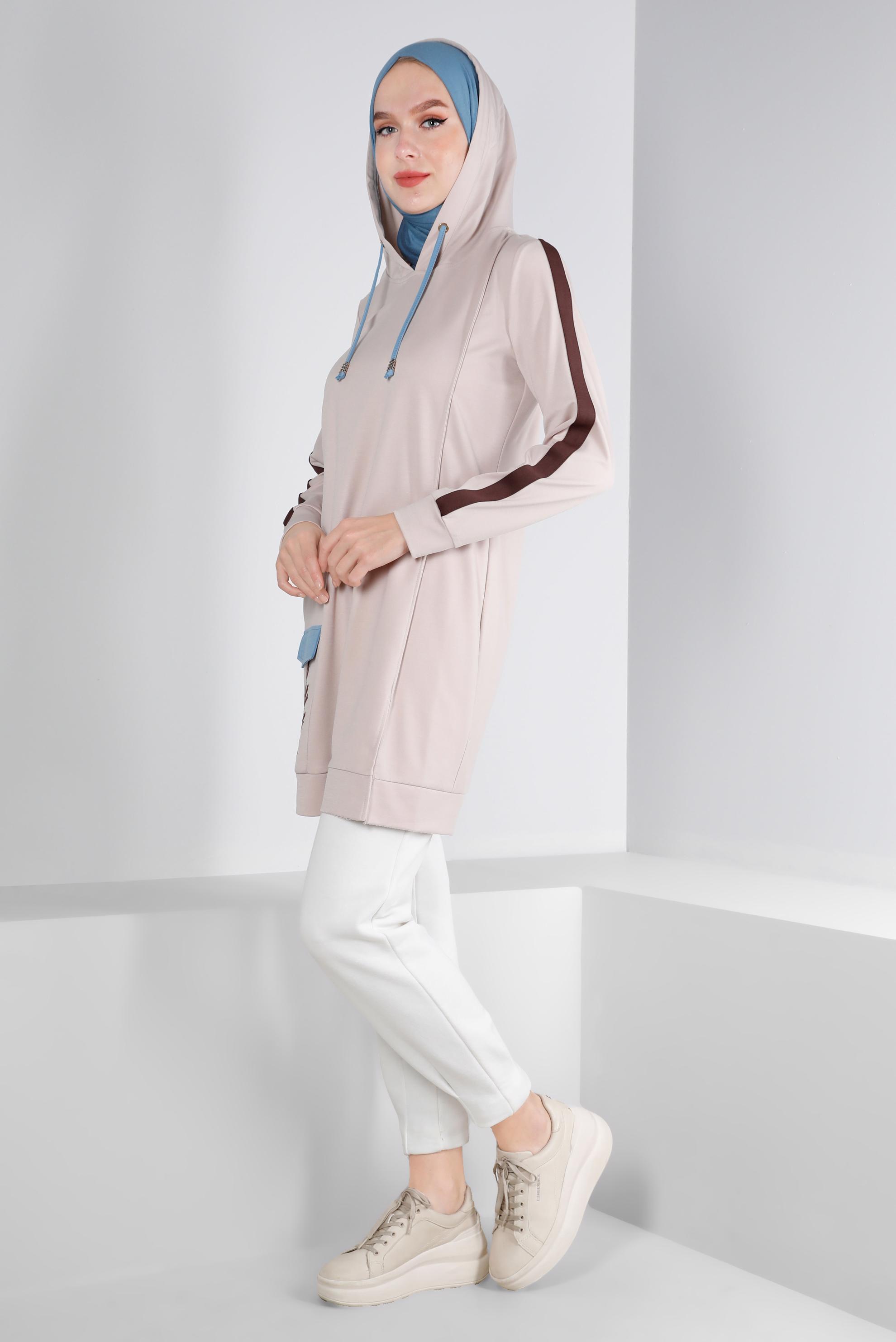 Vêtements hijab BEIGE TUNIQUE À CAPUCHE DÉTAILS RAYURES 43296