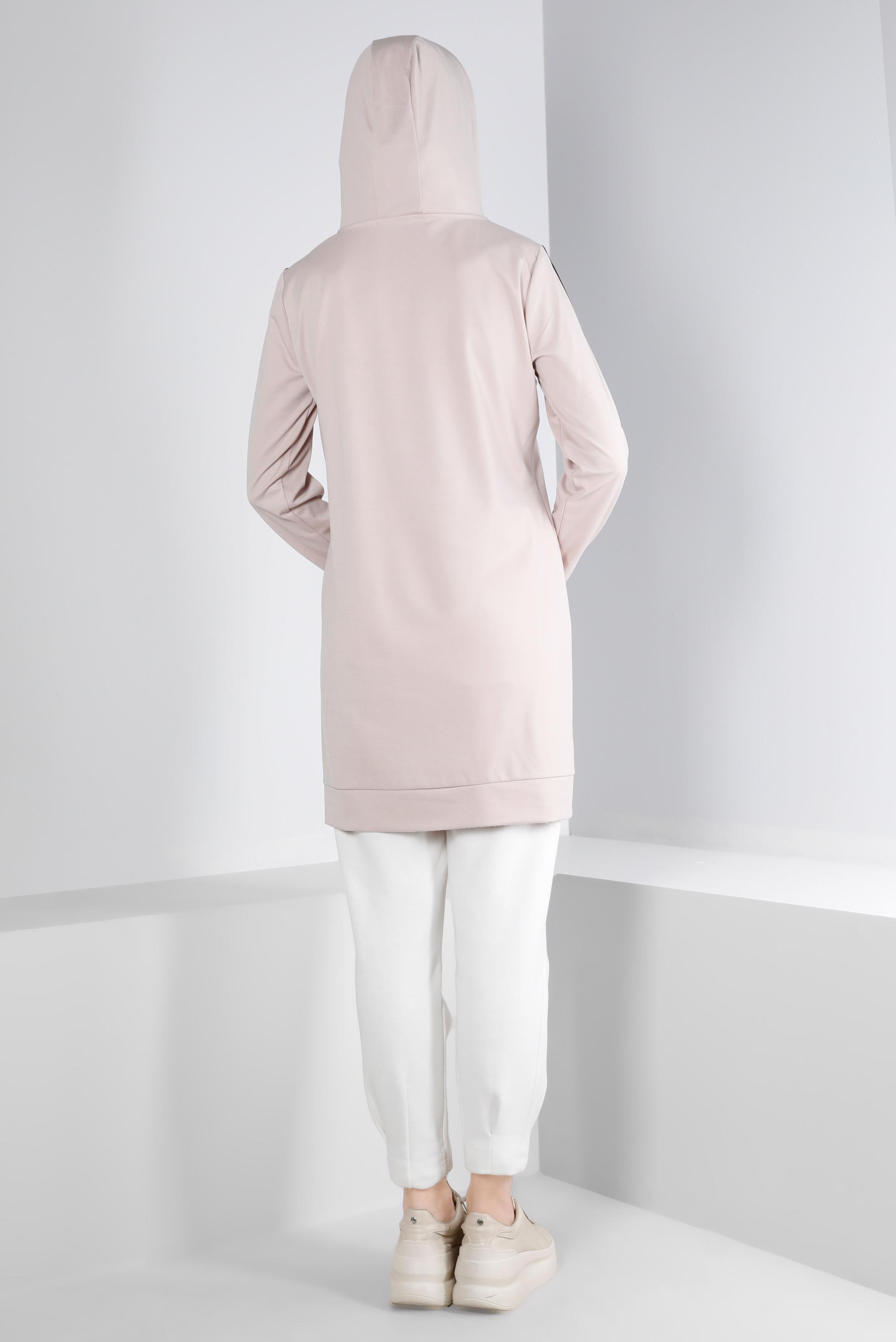 Vêtements hijab BEIGE TUNIQUE À CAPUCHE DÉTAILS RAYURES 43296