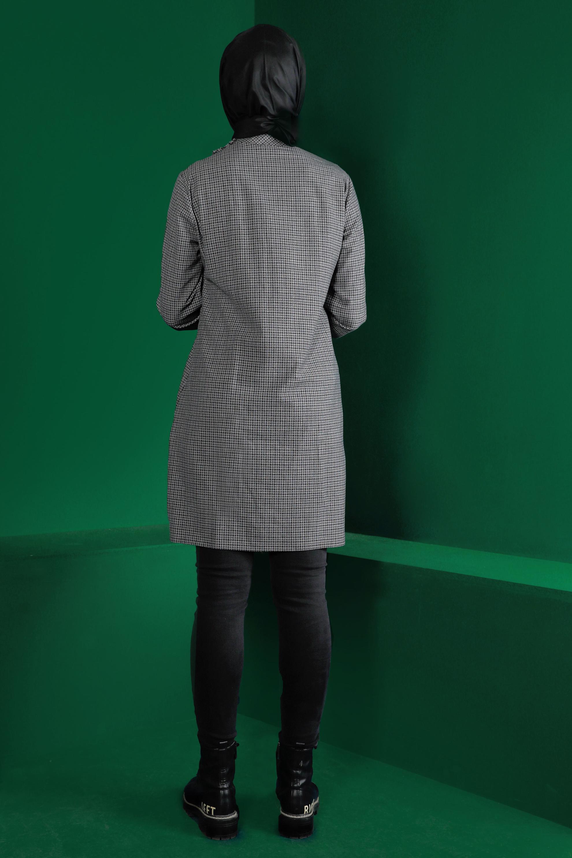 Tesettür giyim SİYAH EKOSE DESEN FİYONK DETAYLI TUNİK 43298 