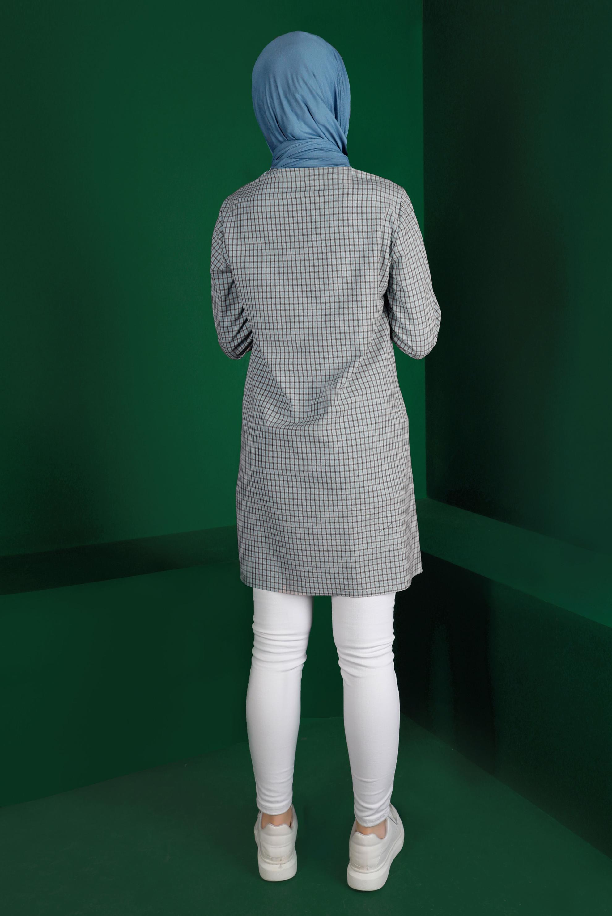 Tesettür giyim MAVİ EKOSE DESEN FİYONK DETAYLI TUNİK 43298 