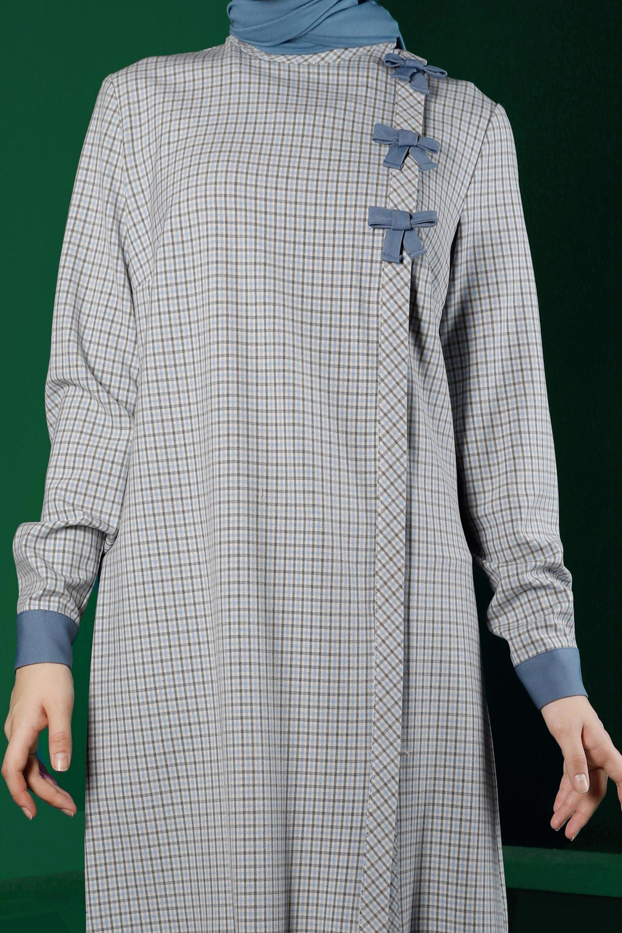 Tesettür giyim MAVİ EKOSE DESEN FİYONK DETAYLI TUNİK 43298 