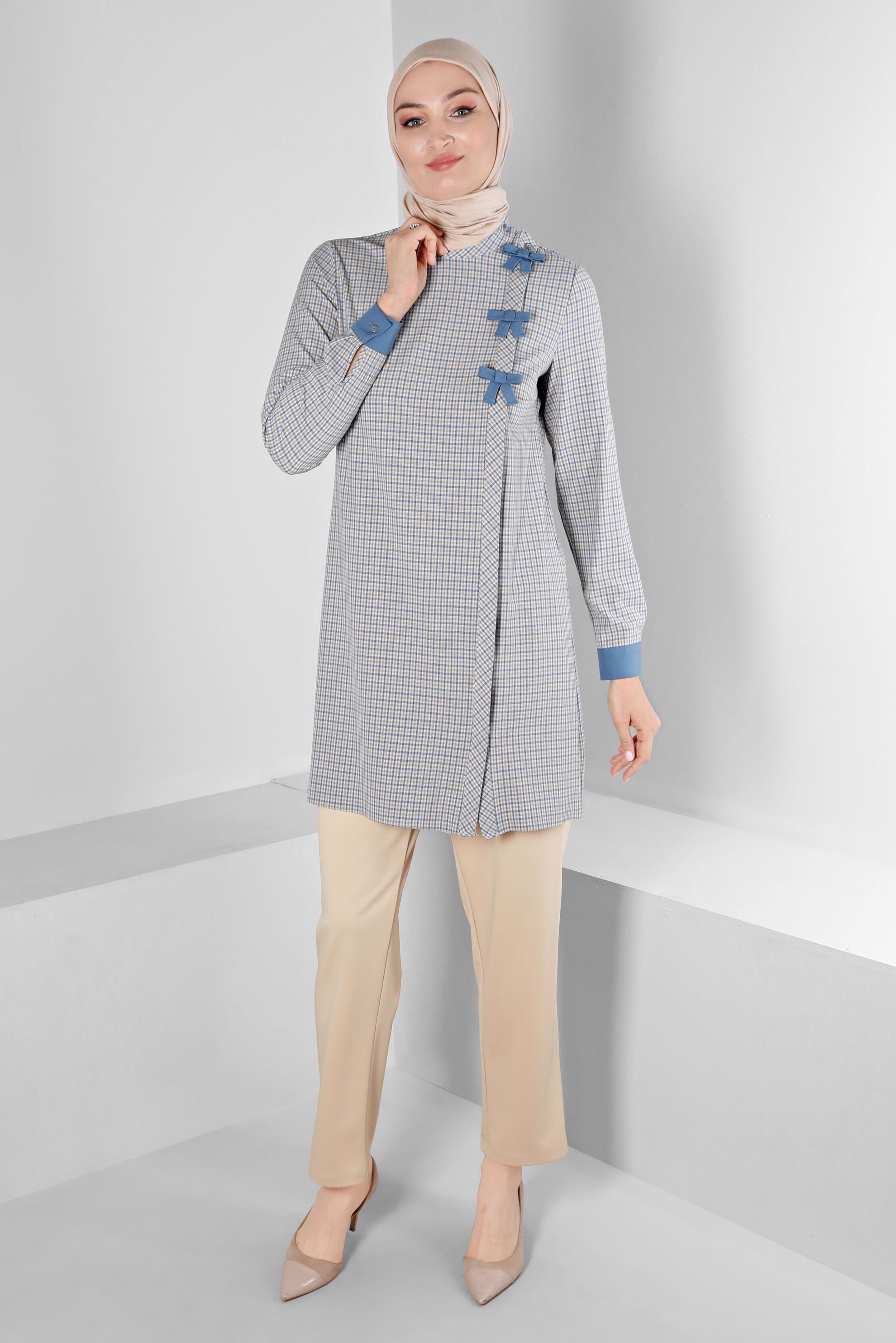 Tesettür giyim KAHVE EKOSE DESEN FİYONK DETAYLI TUNİK 43298 