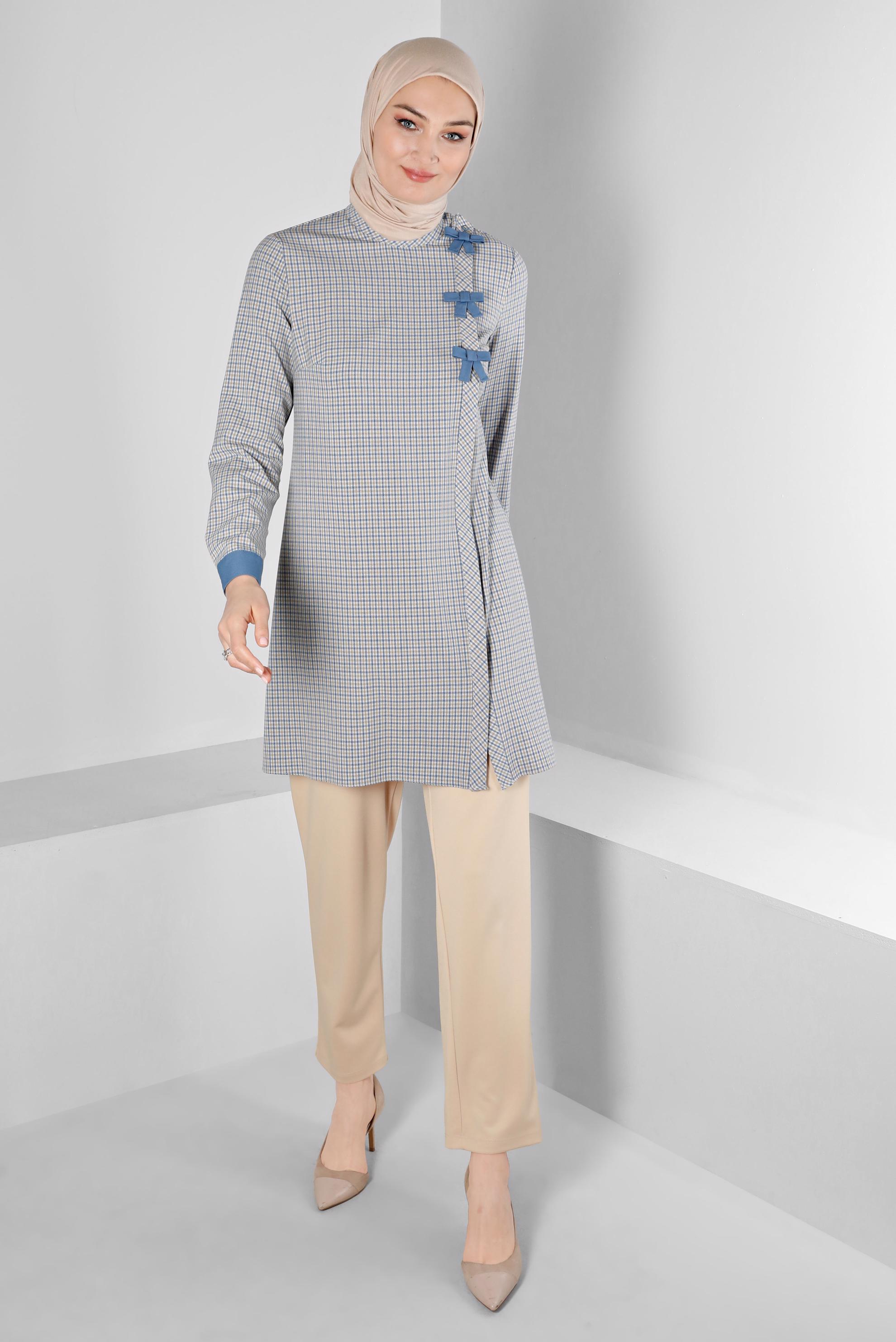 Tesettür giyim KAHVE EKOSE DESEN FİYONK DETAYLI TUNİK 43298 