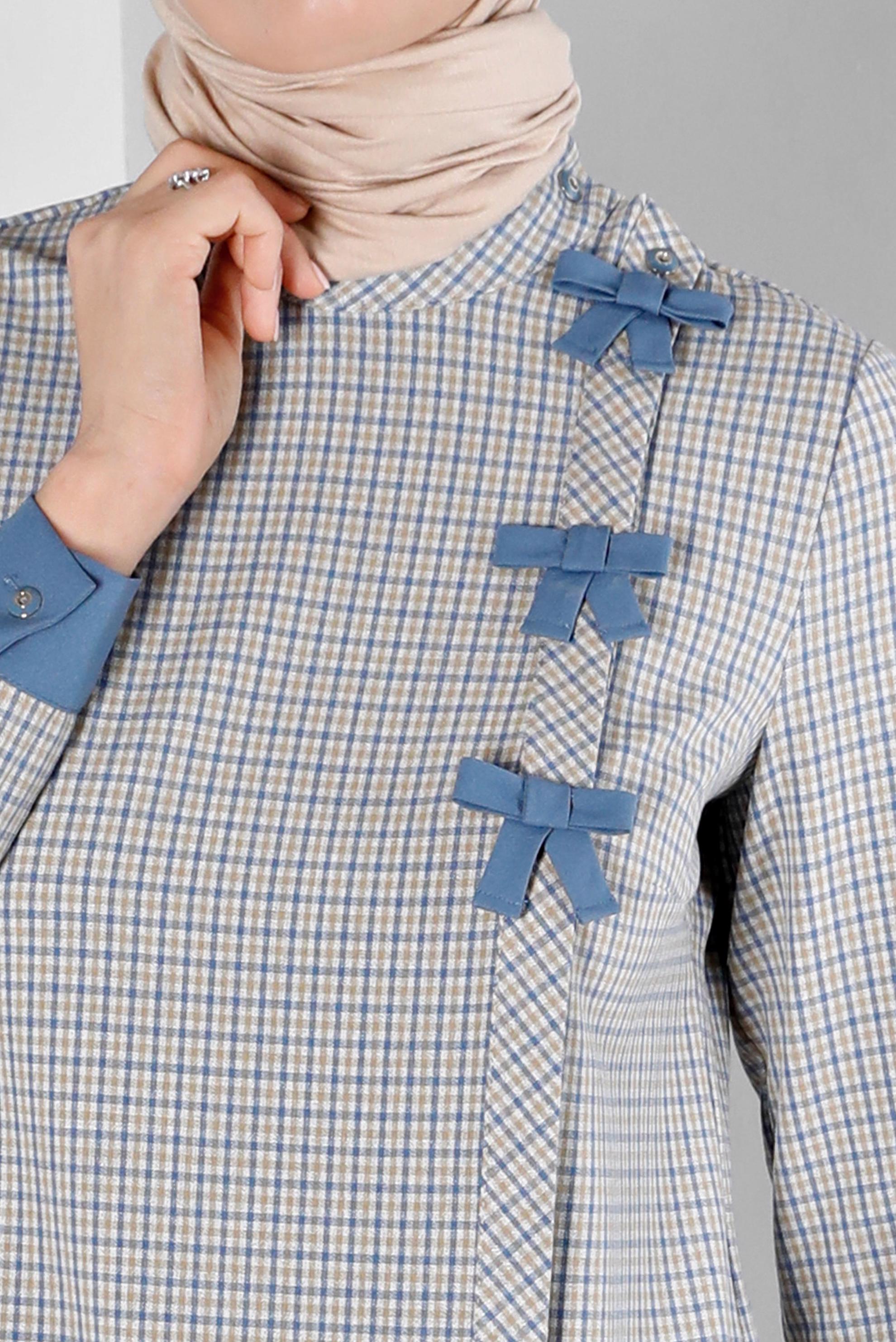 Tesettür giyim KAHVE EKOSE DESEN FİYONK DETAYLI TUNİK 43298 