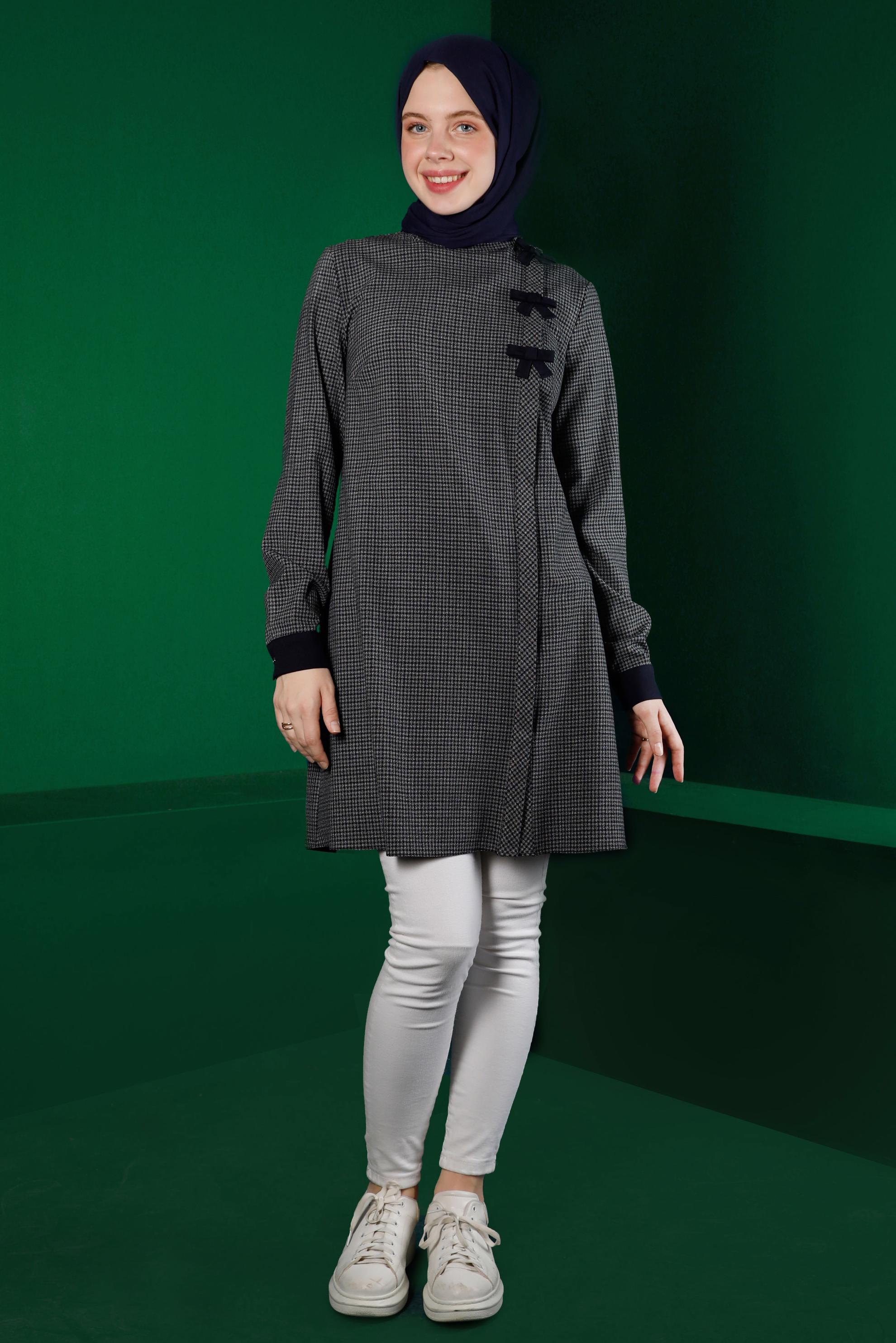 Tesettür giyim LACİVERT EKOSE DESEN FİYONK DETAYLI TUNİK 43298 