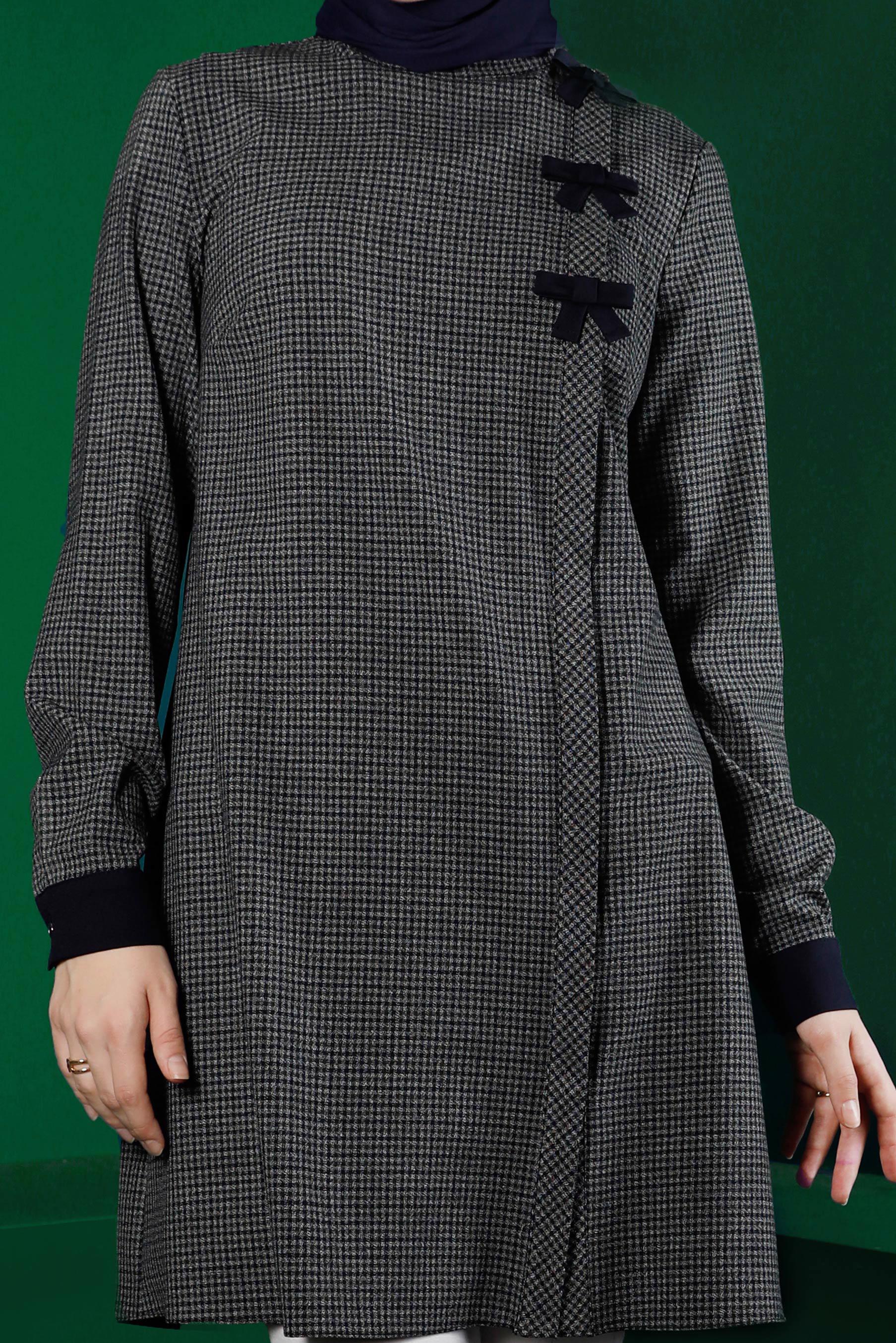 Tesettür giyim LACİVERT EKOSE DESEN FİYONK DETAYLI TUNİK 43298 