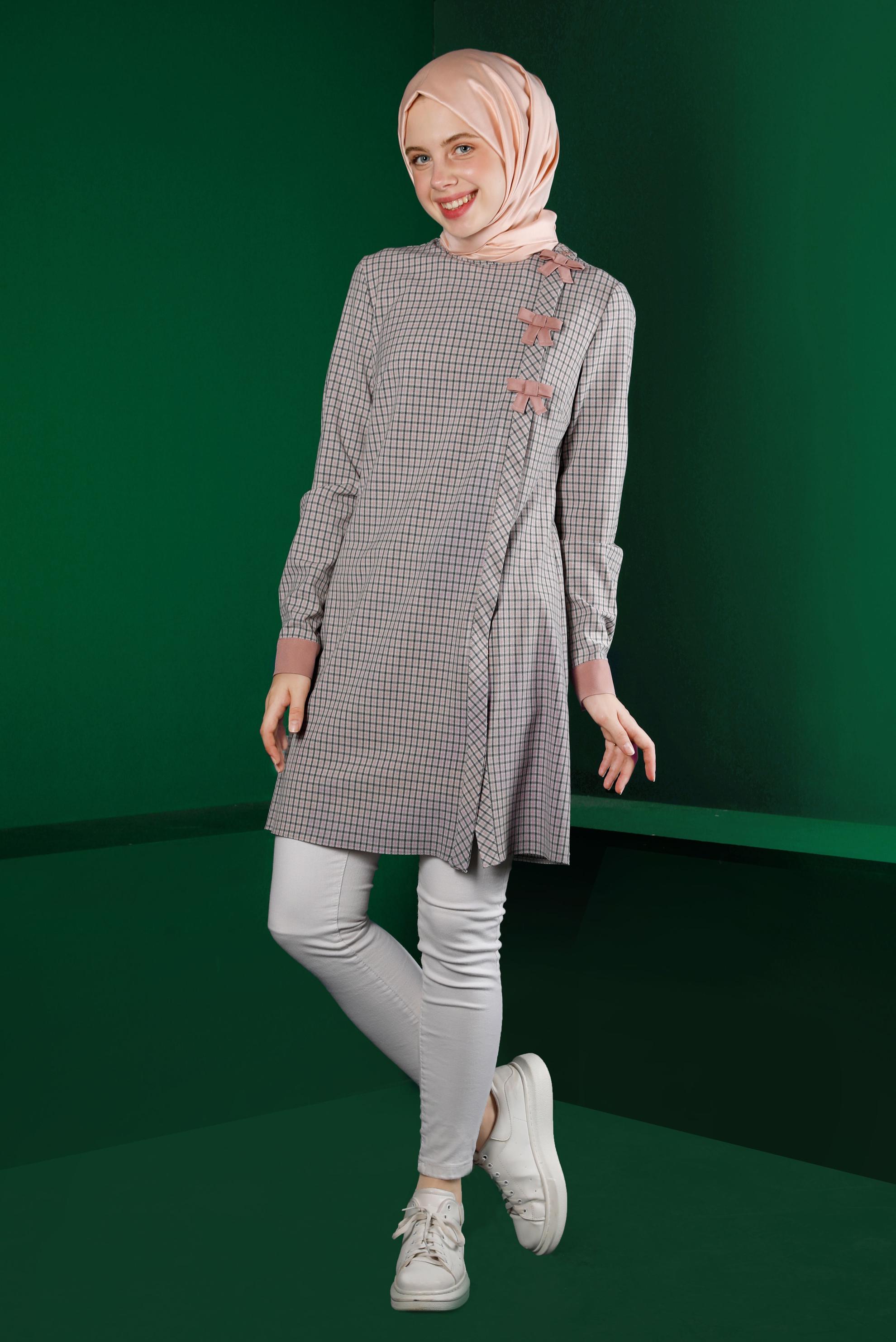 Tesettür giyim PUDRA EKOSE DESEN FİYONK DETAYLI TUNİK 43298 