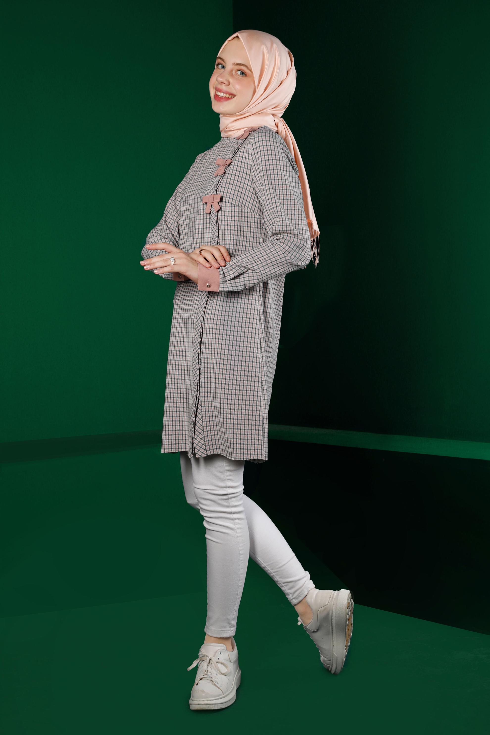 Tesettür giyim PUDRA EKOSE DESEN FİYONK DETAYLI TUNİK 43298 