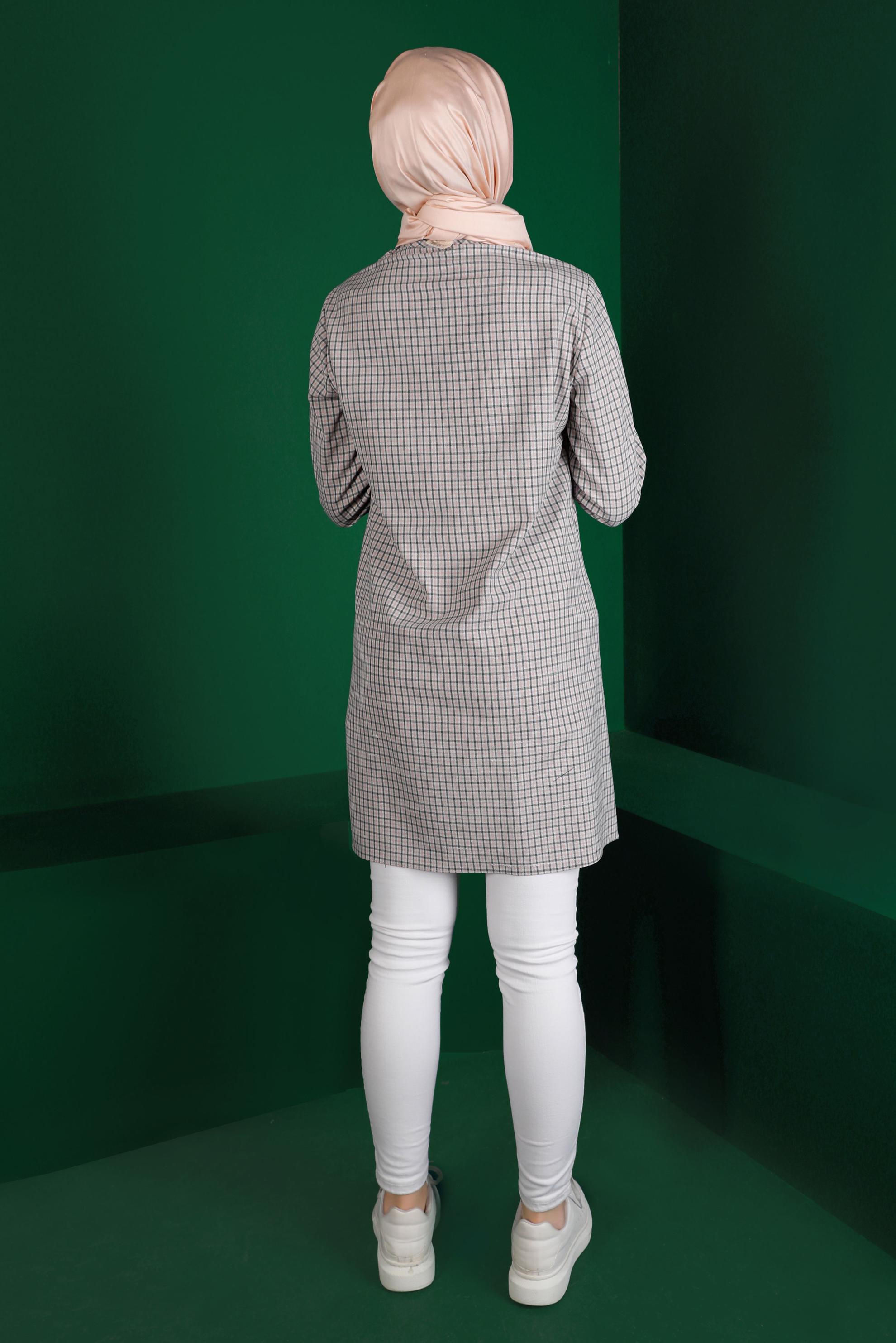 Tesettür giyim PUDRA EKOSE DESEN FİYONK DETAYLI TUNİK 43298 